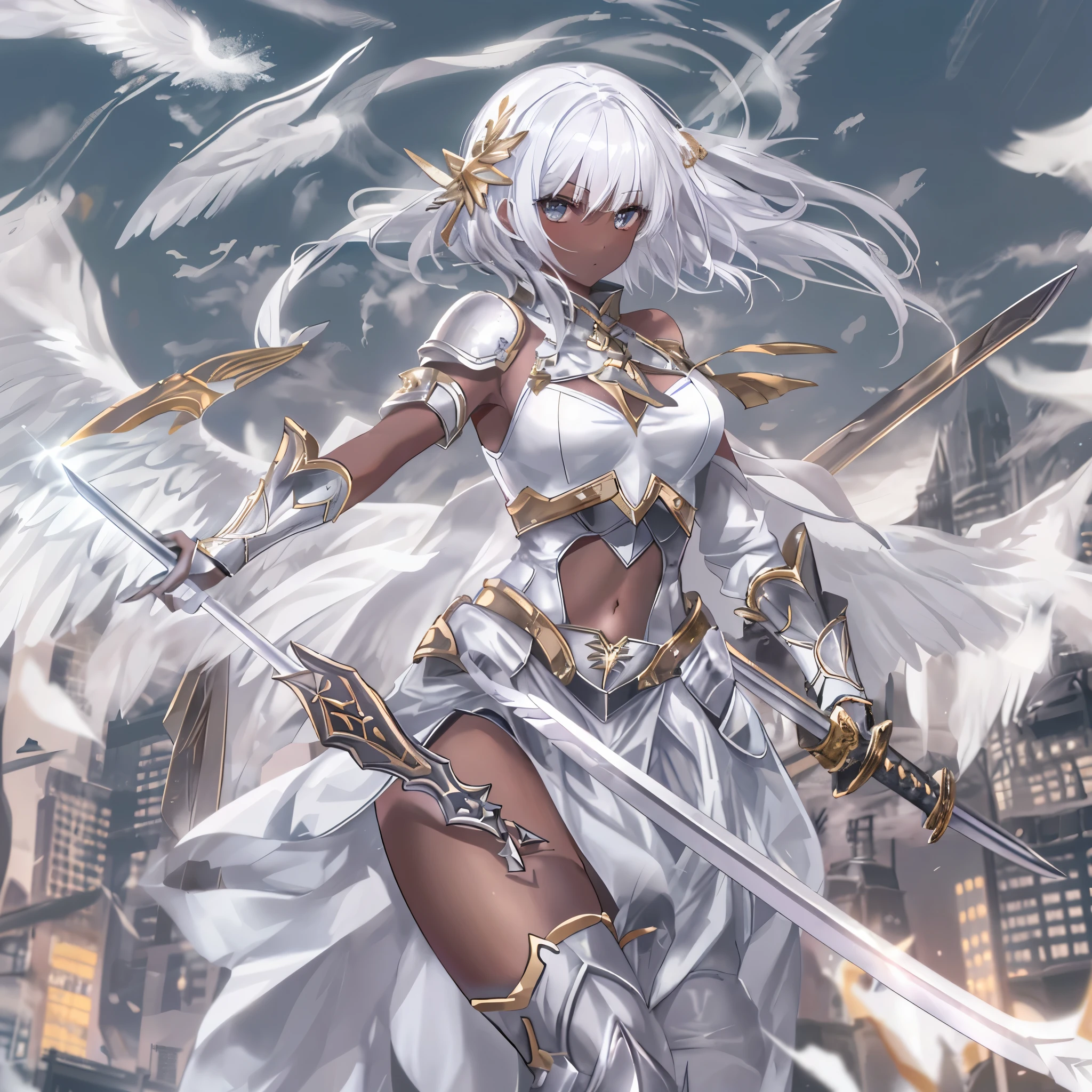 fantasy, 1angel_girl, low_teen, white_medium_bob_hair,long_bangs, (dark_skin)+, bare_shoulder, navel out, thighhighs,silver_shiny_armor, white_clothes,waist_armor, Glebe, hold_shiny_swords, medium_breasts,, dynamic_pose_fighting,Floating, (1pair_white_wings,pelvic_curtain)++, Headgear ,city_sky_background,,slightly_spread_legs, multiple_shiny_swords_floating_around_the_girl