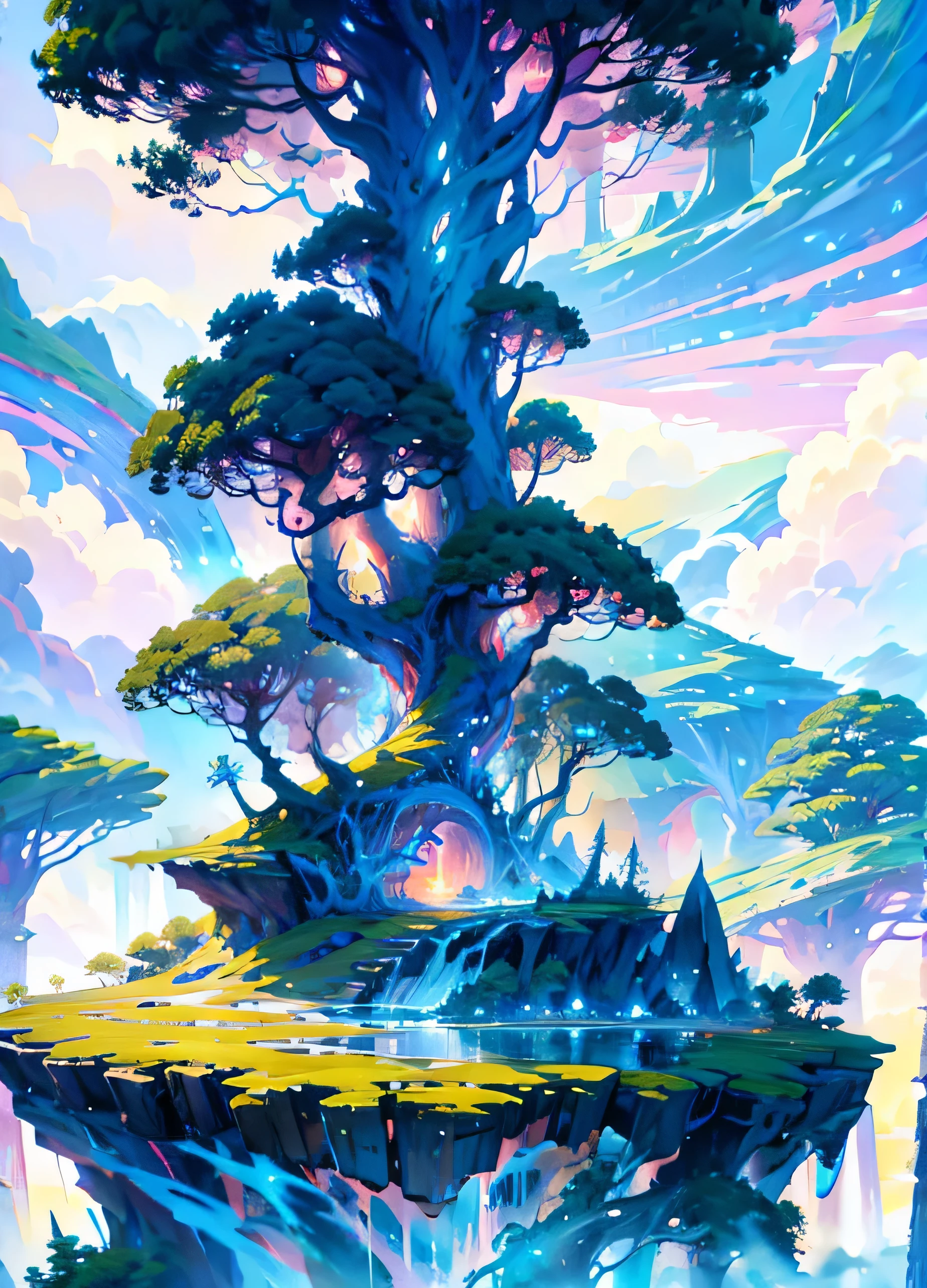 Tree on a small island surrounded by clouds, World Tree, the World Tree, Made of tree and fantasy valley, The nature of anime, The nature of anime wallpap, Fantasy artwork from anime, Amazing wallpaper, Detailed anime artwork, Epic anime artwork, Detailed anime art, An island flying in the sky, Detailed main anime art, Highly detailed official artwork, Universal art concept