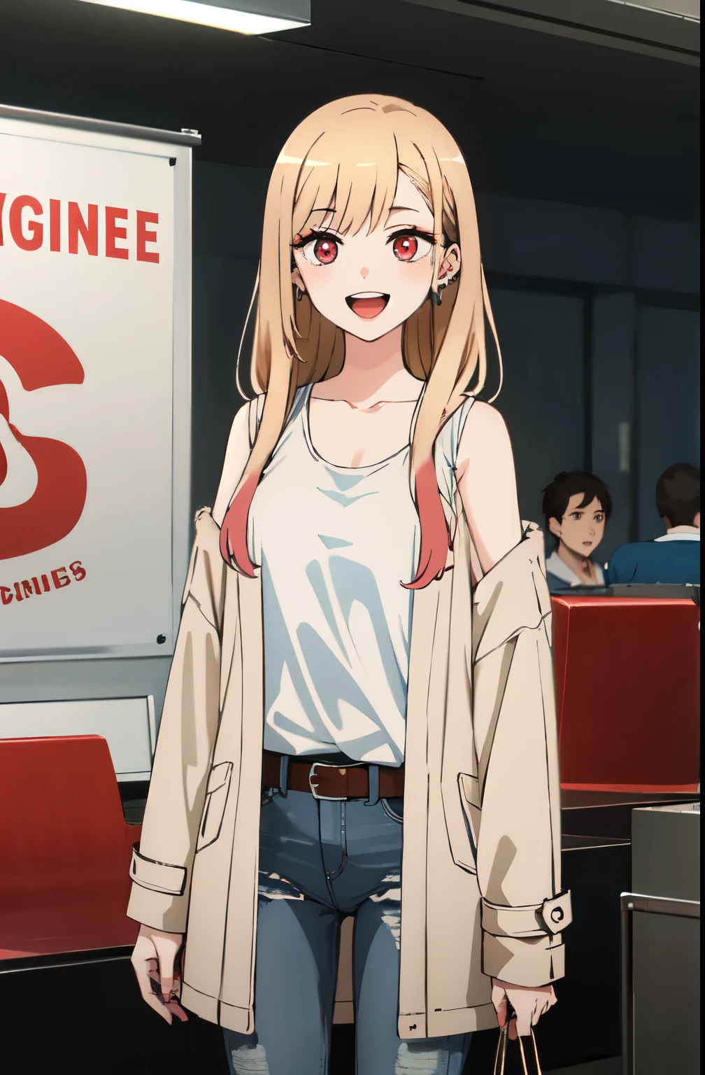 highest quality, (masterpiece:1.2), be familiar with,
Kitagawa Marine SB,
1 girl, alone, open your mouth, smile, teeth,
long hair, blonde hair, red eyes, colorful hair, earrings,
Are standing, looking at the viewer,city、white tank top、jeans、(Short shearling coat)