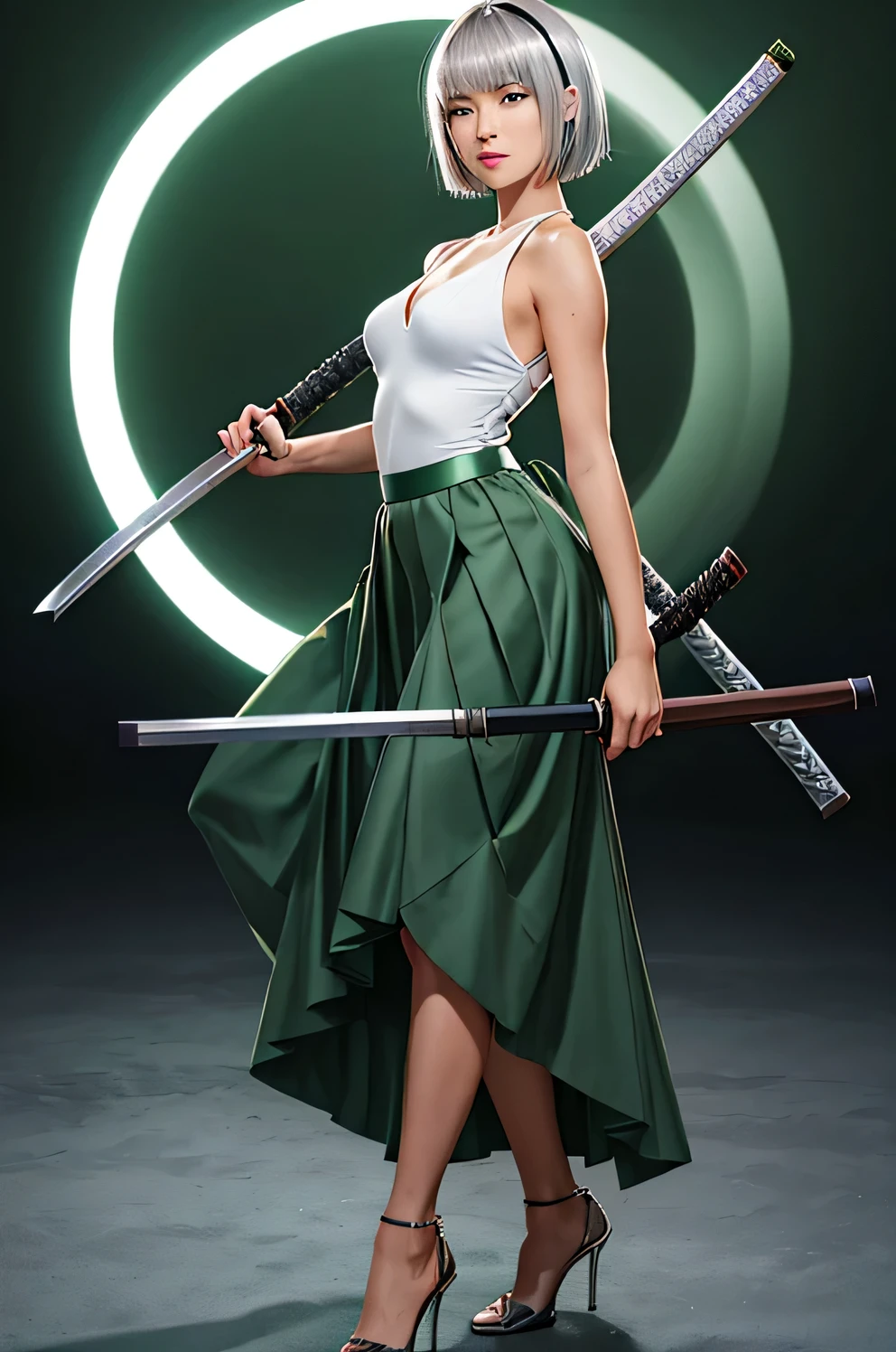 Girl and she wears an oz katana and a big chest and short silver hair and she wears a dark green dress and under her pants a green skirt with a white circle and she has a pair of brown heels.. 