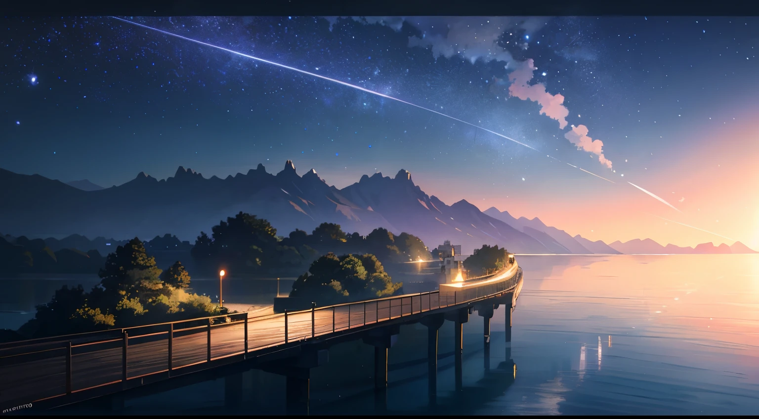 A masterpiece of high quality ,landscape,Animated train passing through a body of water on the tracks, starry sky。romantic train,pixiv,concept art,Laffy Art Style,reflector。 by makoto shinkai, Lofiato, beautiful anime scene, アニメのlandscape, 詳細なlandscape - 幅 672, in the Makoto Shinkai's style, Makoto Shinkai's style,Enhanced detail。
