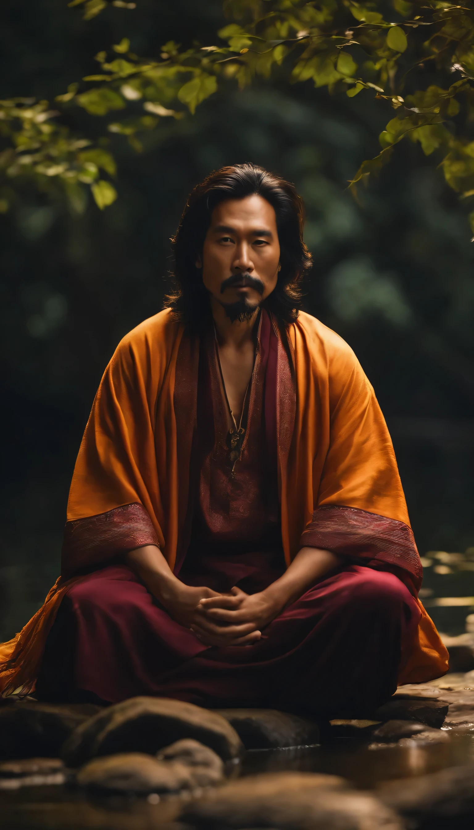 Close-up of a 30-year-old middle-aged Asian man,floating ,Long hair,goatee,Sitting cross-legged meditation ignites the aura of magic around you