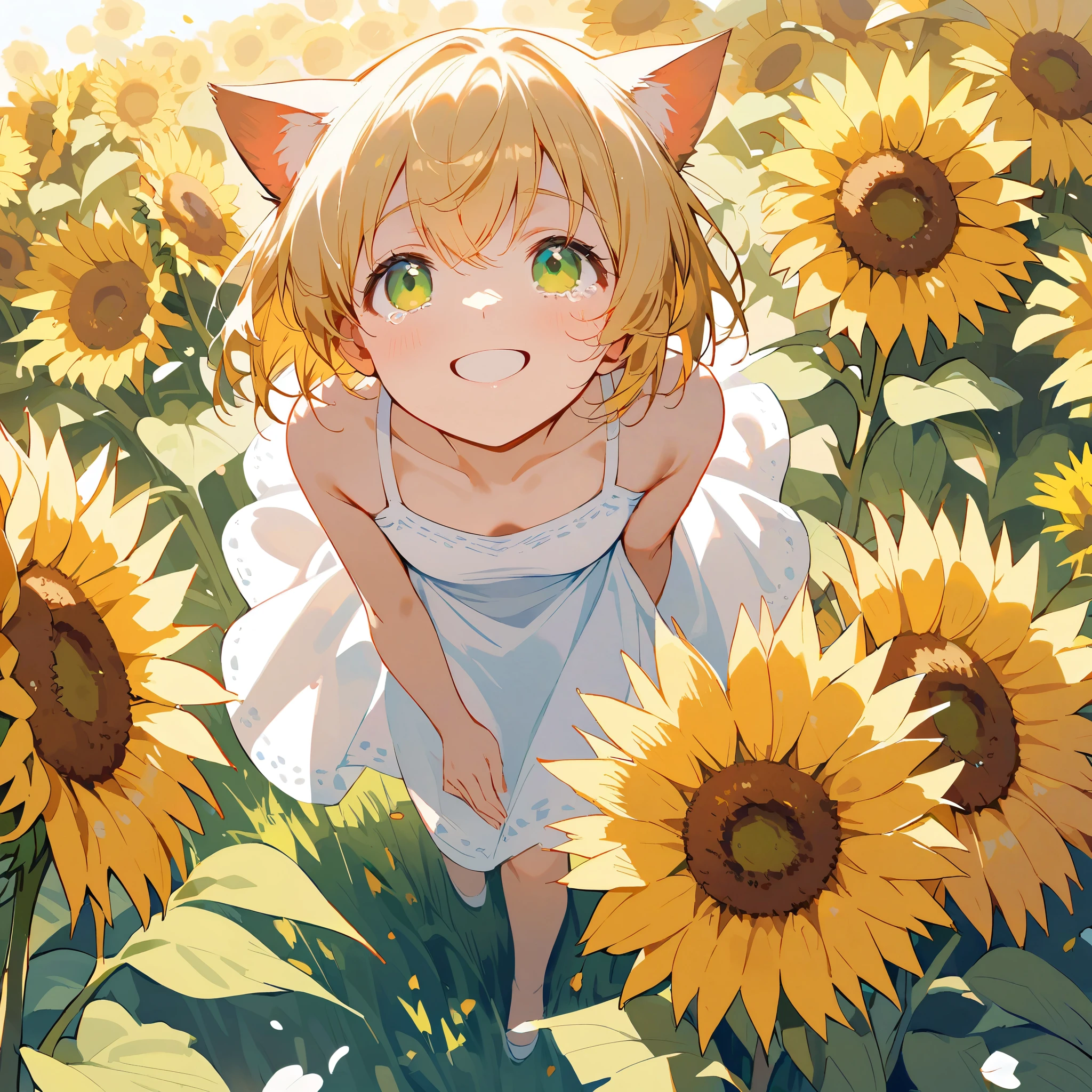 from above,look up,(Looking up:1.5),sunflower,Straw hat,white dress,Standing on grass,flower,green eyes,Tears from the corners of the eyes,petal,falling petals,cat ears,smile,stand,