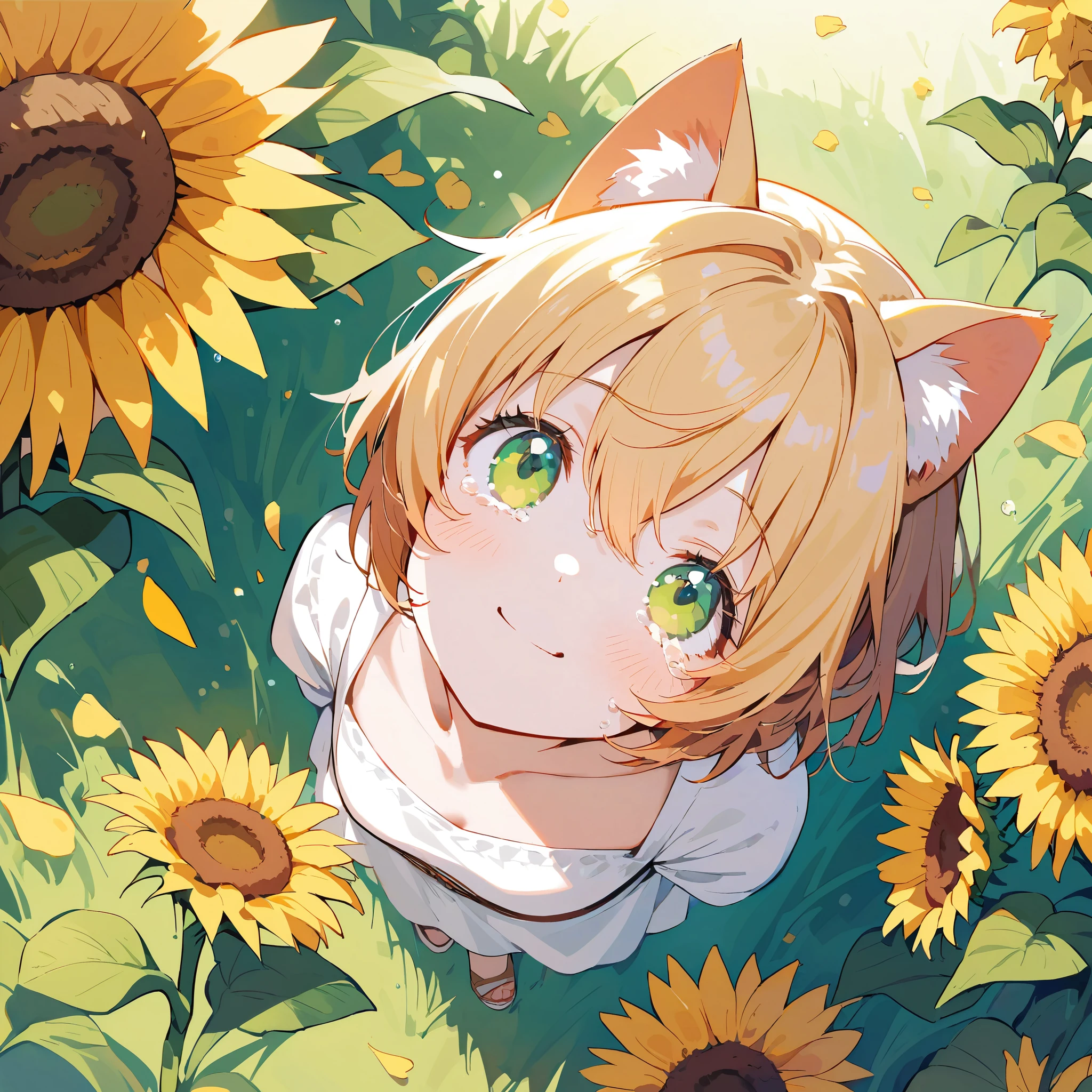 from above,look up,(Looking up:1.5),sunflower,Straw hat,white dress,Standing on grass,flower,green eyes,Tears from the corners of the eyes,petal,falling petals,cat ears,smile,stand,