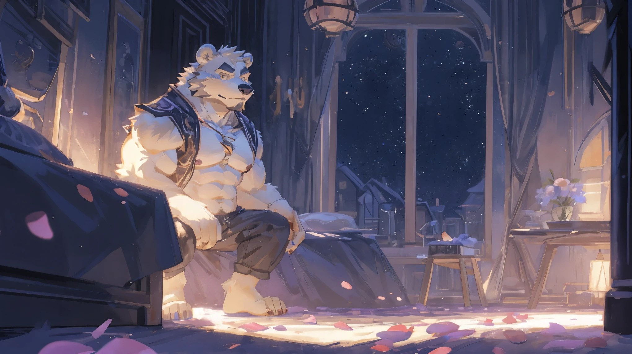 (masterpiece:1.2), best quality,pixiv,official art,(Ray tracing, light), (flower petal in the sky :1.3), (1_male:1.3), (solo:1.2) , portrait , (muscle), (gray fur:1.4), (muscle bear), (bear tail), (beard:1.2), (gleaming golden eyes), Thick eyebrows, open hoodie, naked inside, looking at viewer, full body , indoor , bedroom, highfloor ,building, morden