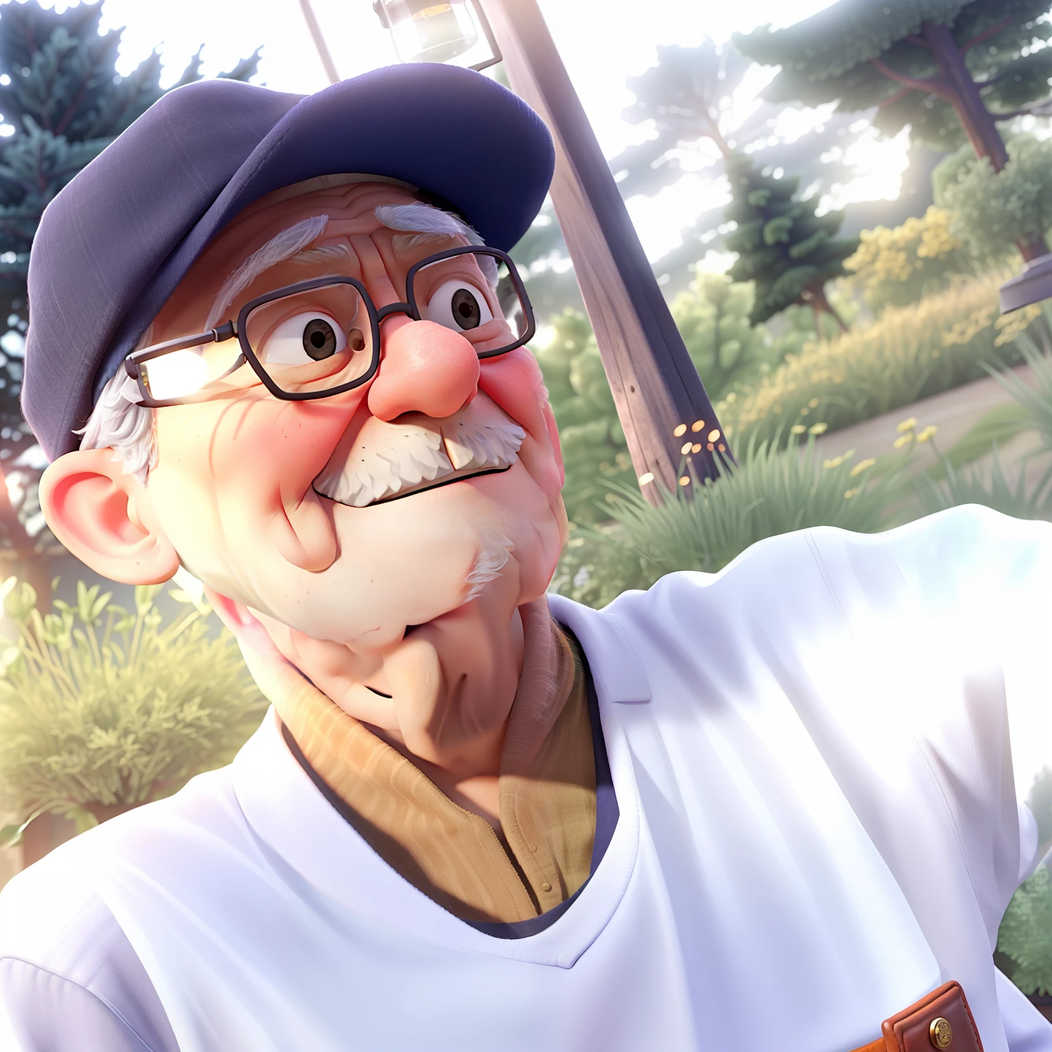 A wise old man standing in front, illuminated by the light of a lamp, against the backdrop of a library