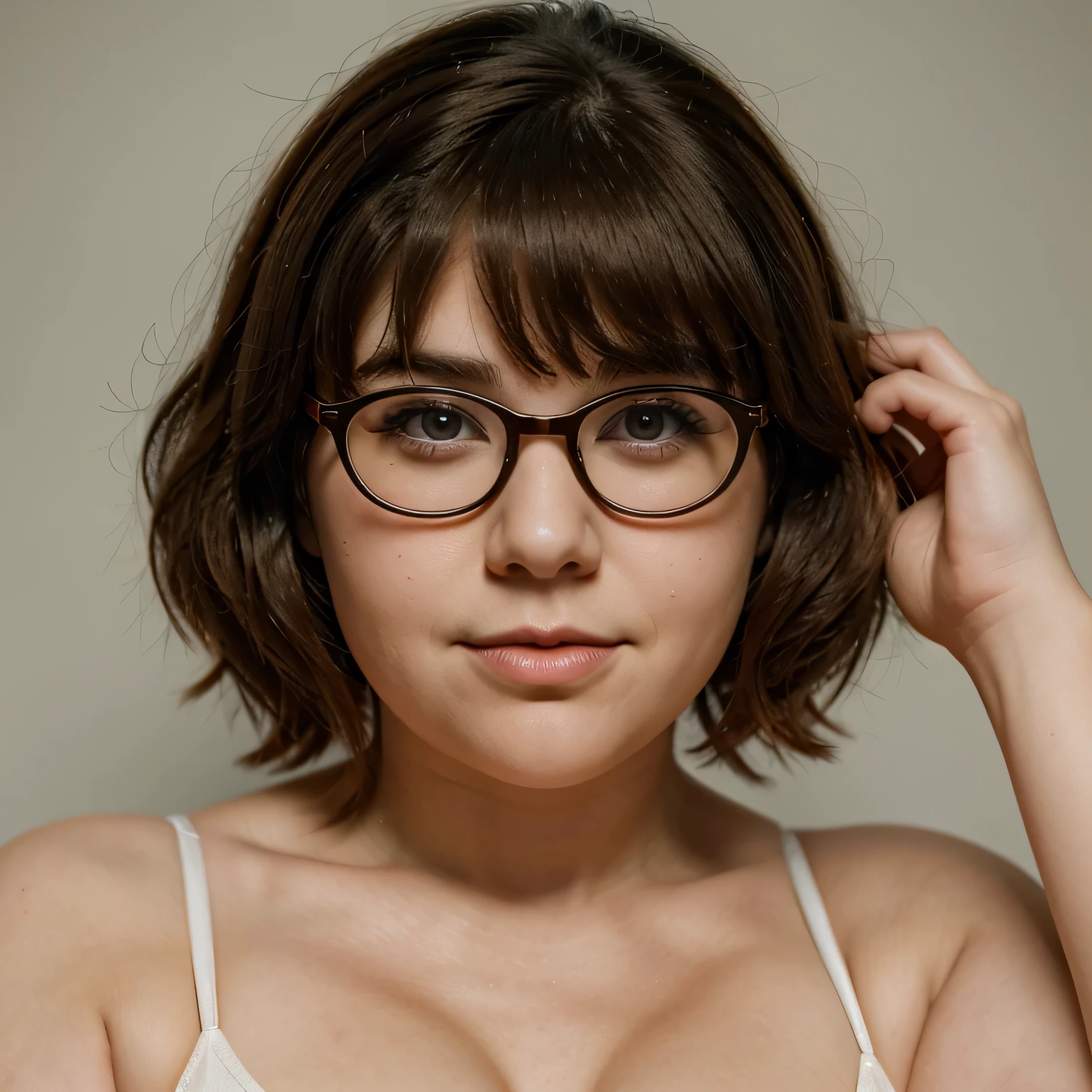 Velma Dinkley from Scooby Doo face up close pageboy hairstyle glasses chubby fat face pores in graphic detail on her chubby oily greasy face innocent looking like face