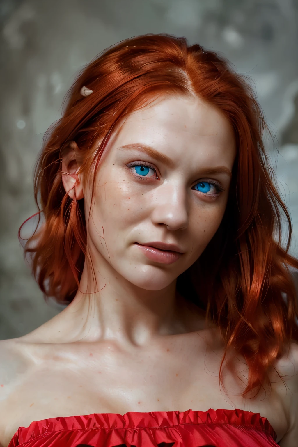 (best quality, ultra-detailed, photorealistic:1.37), portraits, vivid colors, red hair, red dress, blue eyes, defiant gaze, detailed skin, detailed image, subtle smile