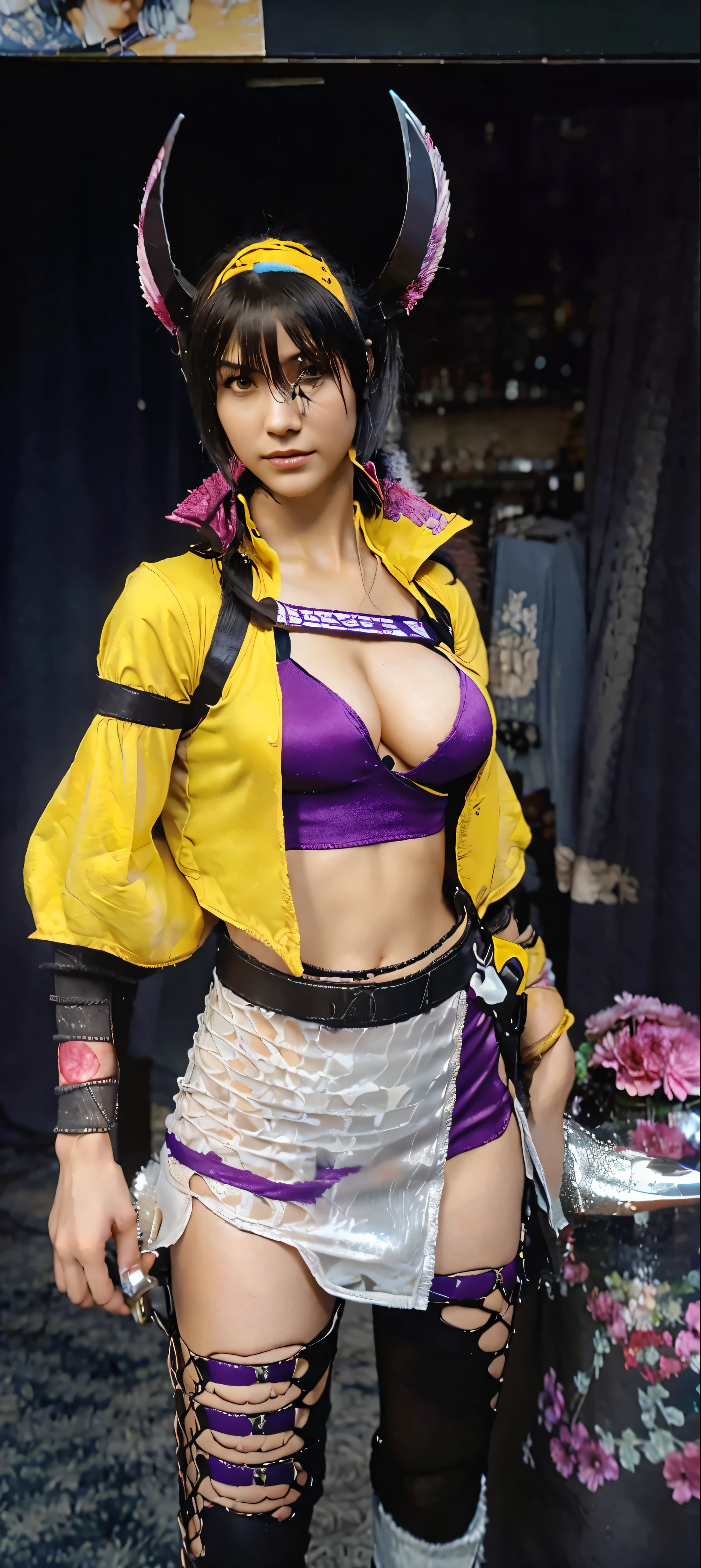 a close up of a person in a costume with a sword, as a character in tekken, female character, tifa lockhart with white hair, katana zero video game character, lunar themed attire, kda, slim body, cyborg - girl with silver hair, upper body avatar, (( medium breast;1.2)), fashion gameplay screenshot, fighting game character, new character, floralpunk elysian maiden, sigma female