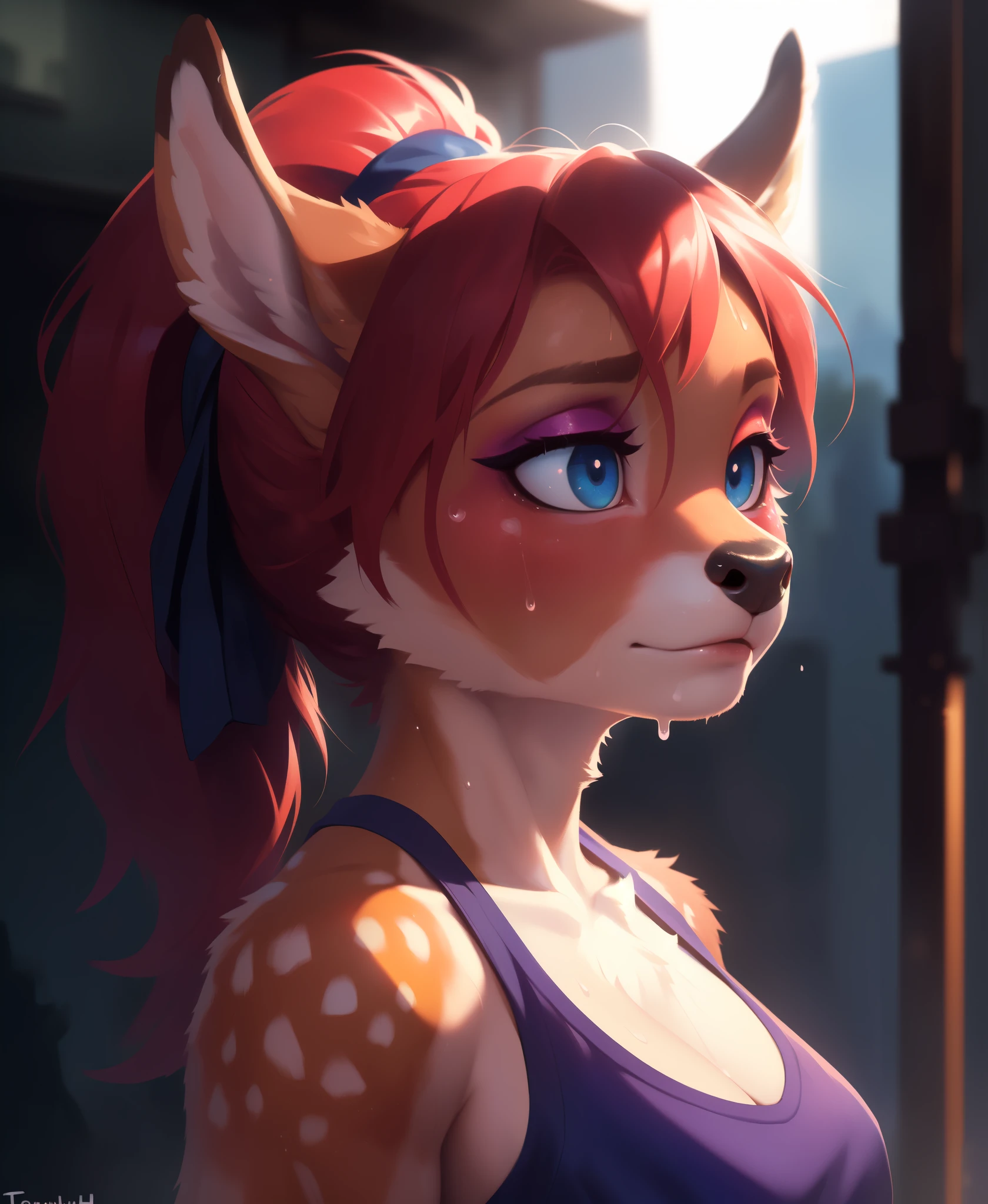 masterpiece, best quality, (hioshiru, tom bagshaw), female deer, anthro, workout, perfect eyes, long eyelashes, (deer), (sweaty face), (red hair, ponytail), brown fur, (makeup, eyeliner:1.1)BREAK (detailed background:1.3), (cinematic lighting), detailed ambient light, (detailed lighting), (ambient light on the body), , ((dark outlines)), [[by taran fiddler]], by dagasi, by Foxovh, (sharp focuasterpiece, 8k, 4k,raw photo, warm lighting, best quality, hi res, high resolution, high details, ultra realistic, absurd res