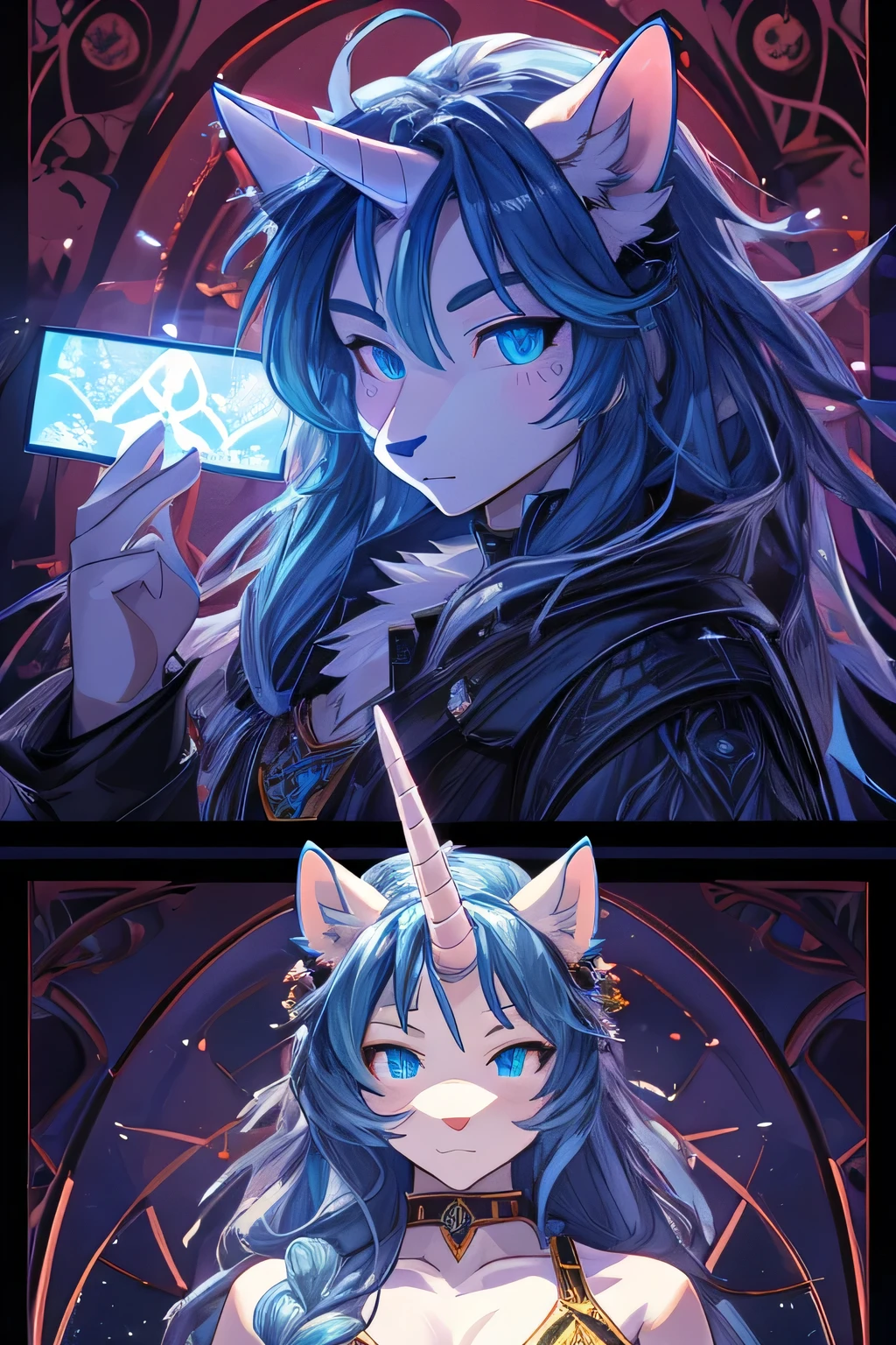 Hairball, Vins, Long eyelashes, solid round eyes, fake animal ears, faint smile, red ears, direction, striped hair, light blue hair, dark blue hair, big hair, hair covering one eye, Hair, shiny hair, comb hair back, Hair ring, Heart Og, wearing glasses, Dazed eyes, aqua eyes, gradient eyes, rhomboid pupil, students shine, horse ear, shadow, relief, Stereo view, vertical painting, View, Reference table, Figures, First-person perspective, lens flare, 8K, Super details, precise, best quality，unicorn，Miss，black and gold clothes，sideways，big breasts