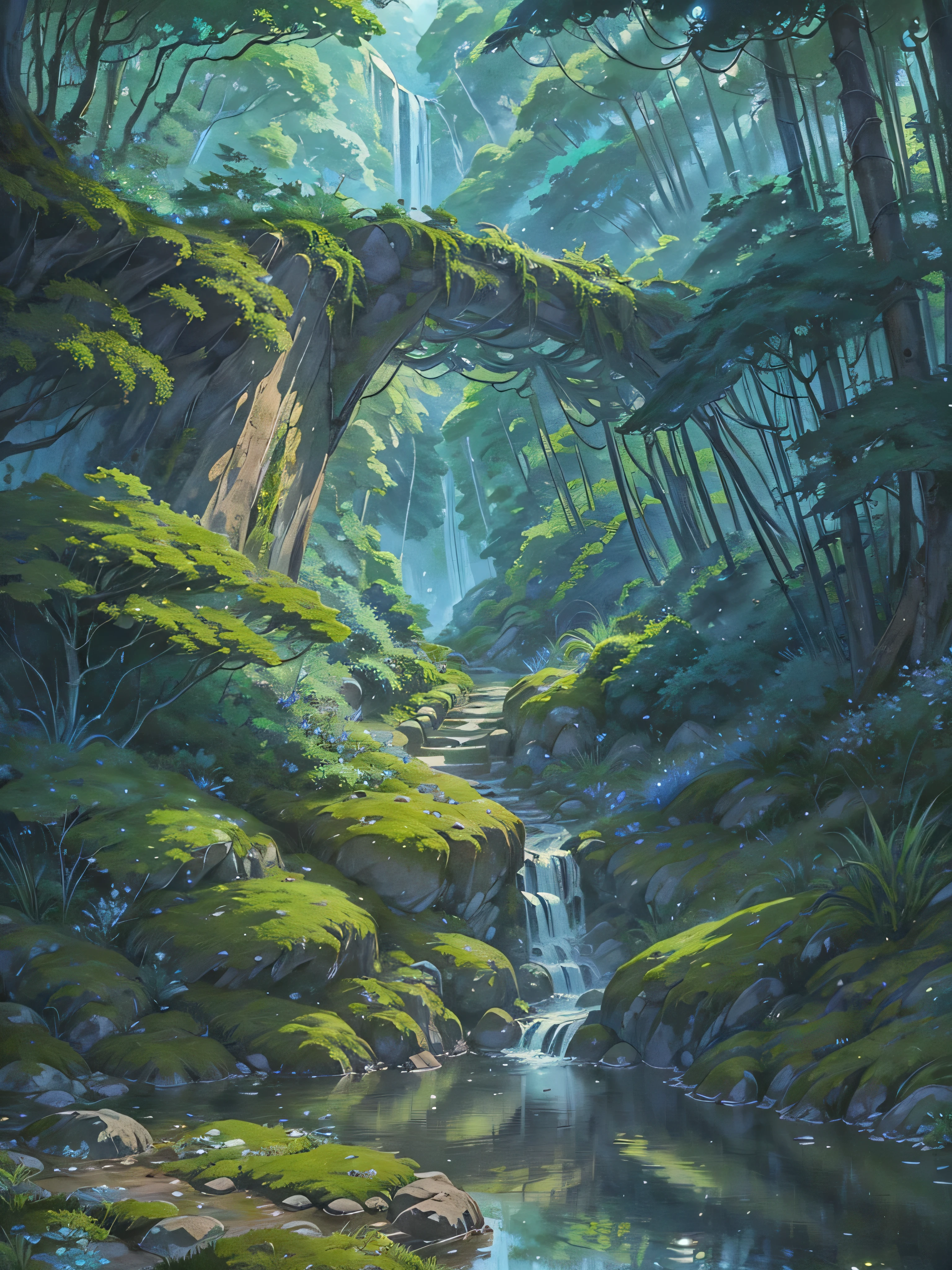 Imagine a tranquil water trail scene straight out of a Studio Ghibli film, where the beauty of nature unfolds in every detail. Picture a winding water trail reflecting the verdant canopy above. Moss-covered rocks add texture to the landscape, while colorful wildflowers dot the forest floor. Capture the essence of Ghibli's magical worlds, where every corner holds a story waiting to be discovered.