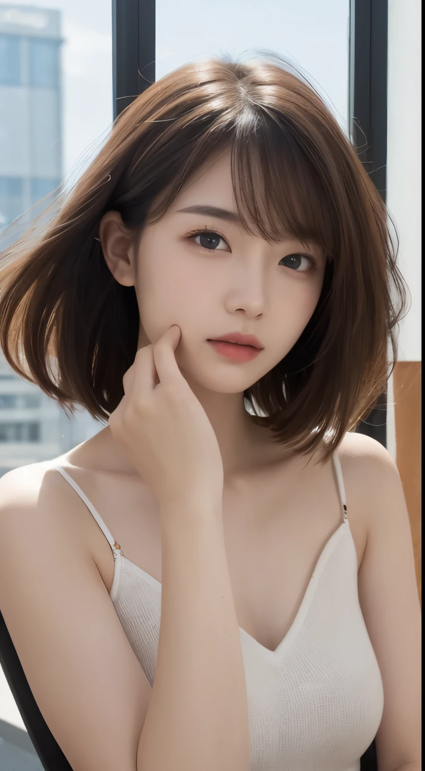 finely, High resolution, high quality、完璧なダイナミックな構figure, detailed and beautiful eyes, medium hair, 、natural color lip,Kamimei、Shibuya Ward、20 year old girl、1 person、transparent skin、shining hair、table top, 最high quality, figure, Super detailed, finely, High resolution, 8K、Correct state of human body sculpture model pose，hair blowing in the wind