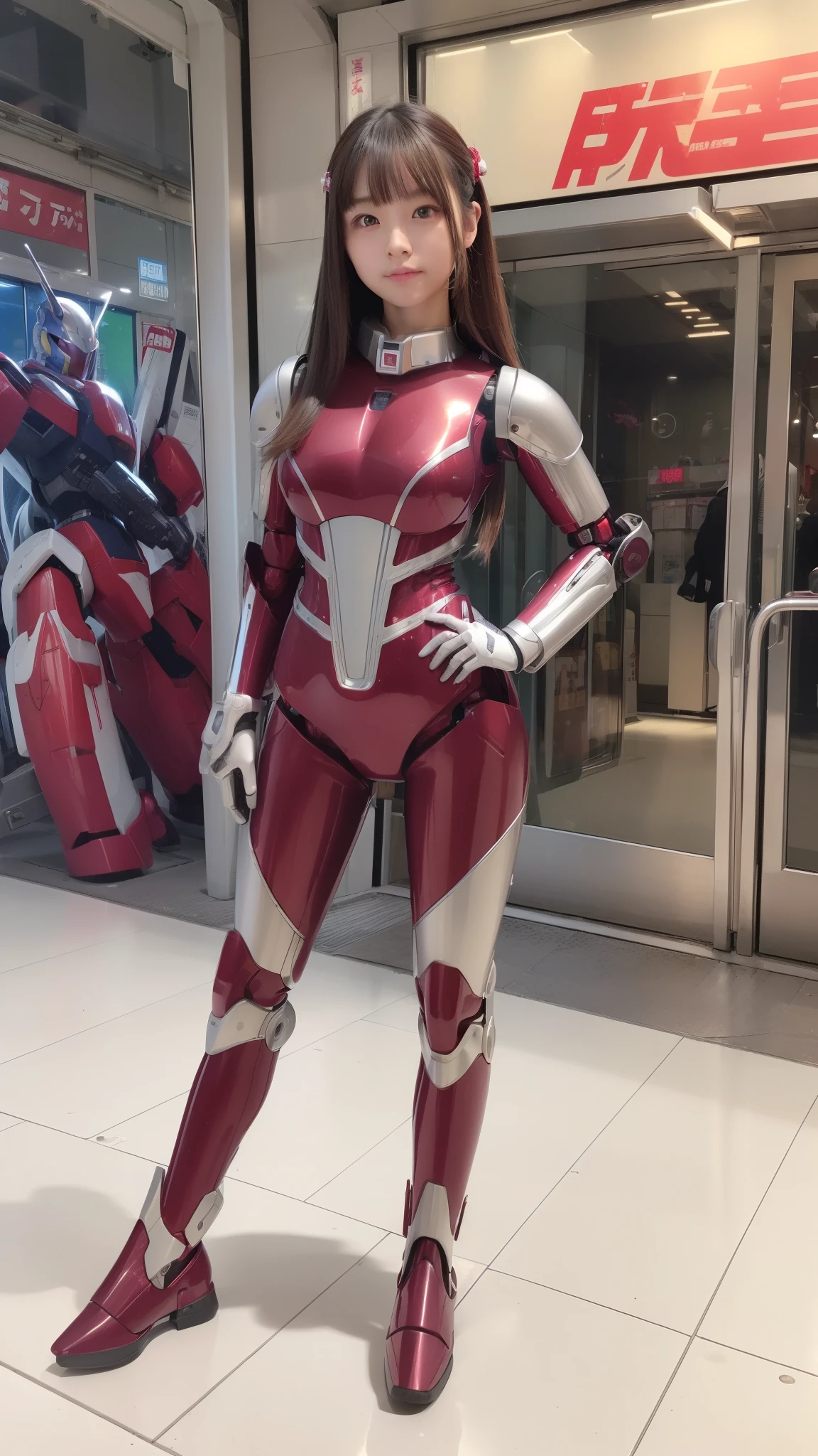 (Photorealsitic:1.4)、Onegirl、(akihabara)、(top-quality)、(hyperdetailed face)、(Robot Girl)、(Mobile suit style)、(10Head and body)、(Burgundy)、(Silver)、(Standing with legs open)、(Hands on hips)