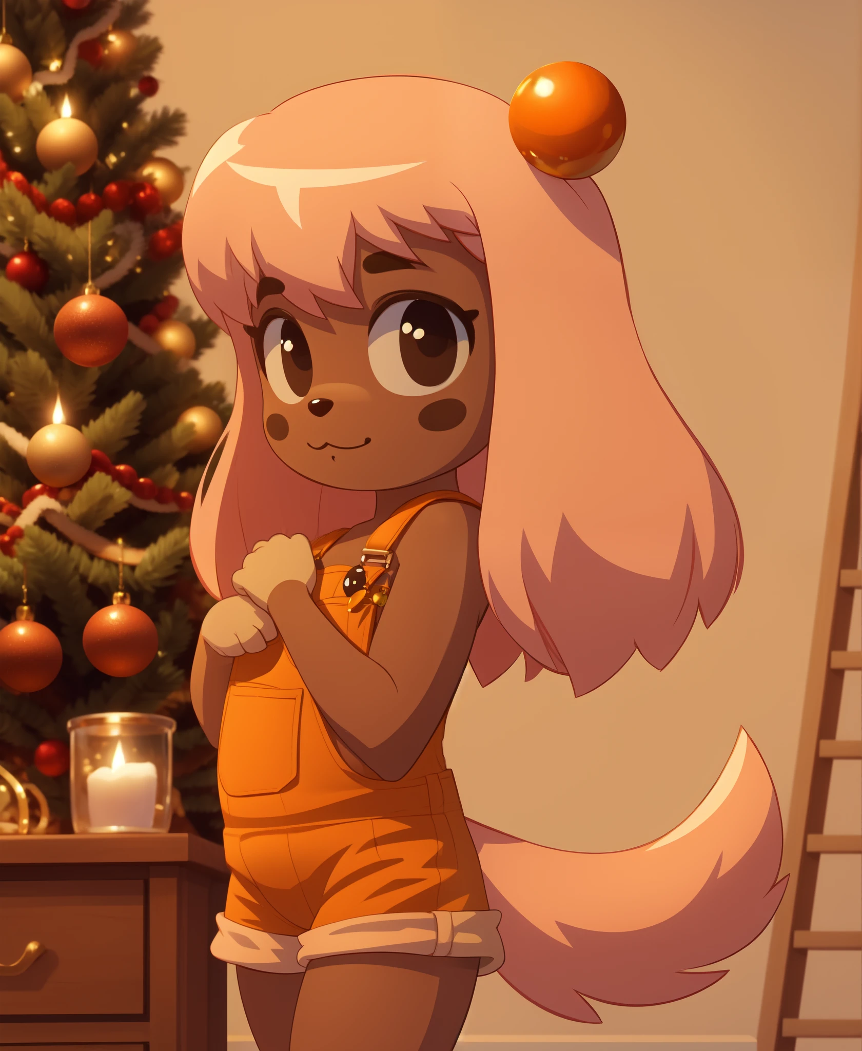 lilotte , 1 puppy girl l , orange overalls ,brown skin, ,Ornament , pink hair , furry , , tail ,mole, mole on the eye , Straight hair , shorts