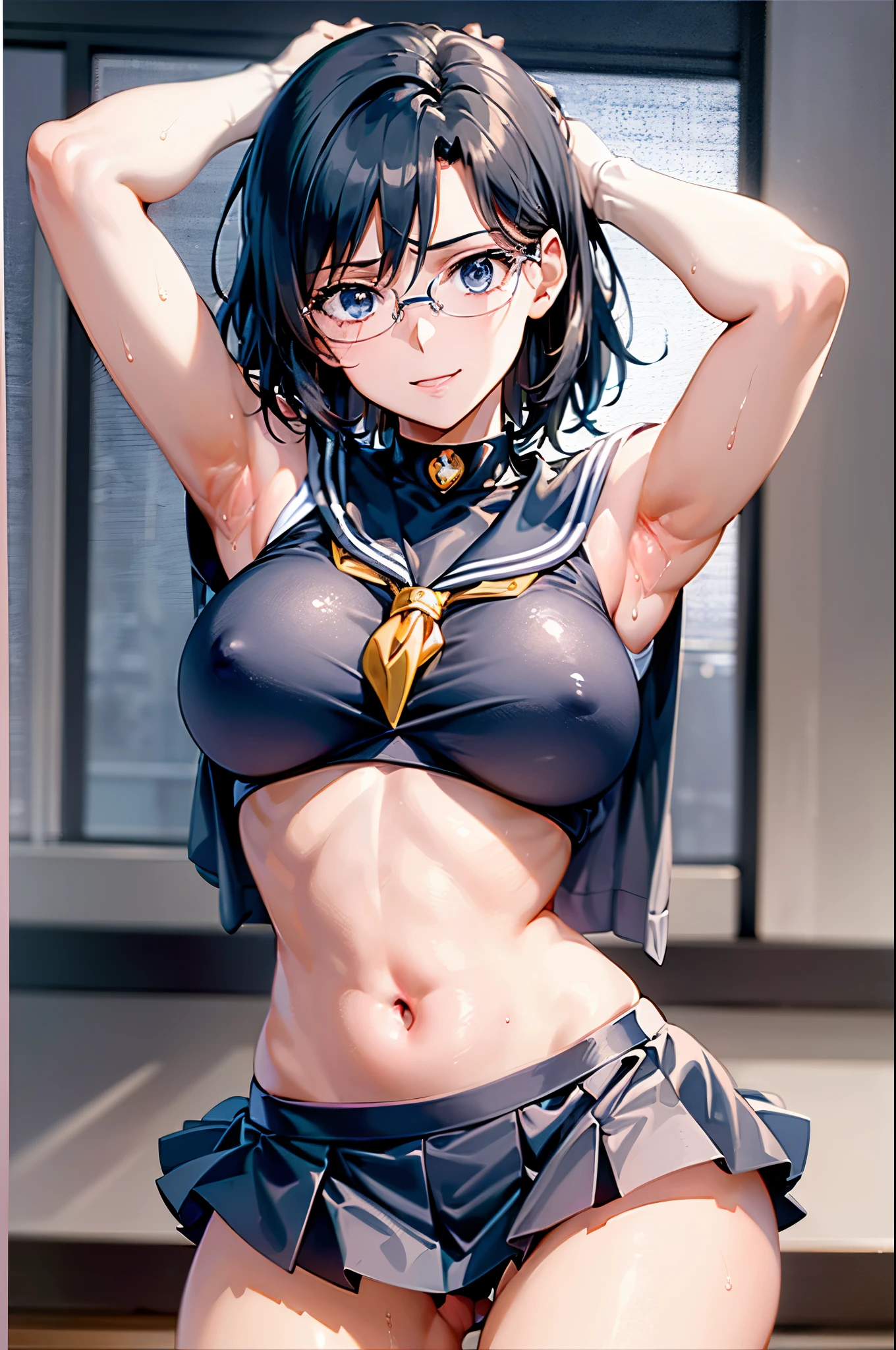 1girl,18yo,perfect hands, perfect finger,perfect anatomy, masterpiece, best quality,realistic, hyperrealistic, 16k hdr,, aamii, short hair, black hair, blue eyes, (glasses), (random sailor senshi uniform,ultra miniskirt:1.3),outdoor,standing,(sweat:1.1),(happy smile),large breasts,cleavage,erected nipples,(sexy pose:1.2),spread legs,from below,navel,(leaning forward:1.2)