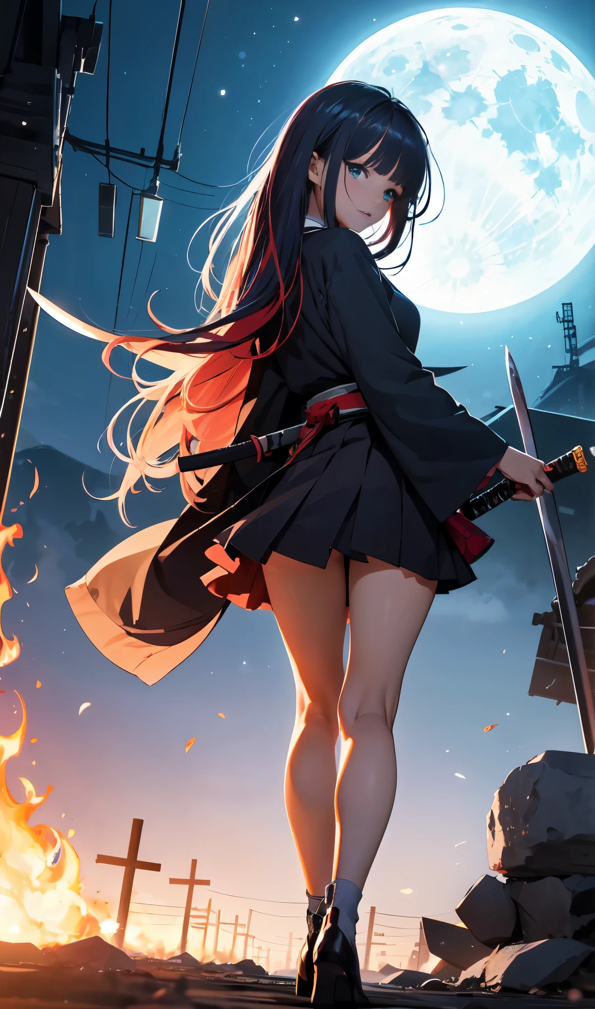  knife, Japan, night, moonlight, Vector style art, erotic, Movie Poster Style, lettering. wearing katana sword,katana,gradation color hair,blunt bangs,multicolored hair、cross-eyed、messy hair、blunt bang cut、pleated skirt、black shirt、streaked hair、messy hair、Sloppy、cross-eyed、drunk、looked back、( fool / sexual ecstasy)、looked back、Glasses、highest quality, realistic, Super delicate illustration, beautiful and attractive anime girl, slender body, tied hair, one girl, girl pictures, full body shot, beautiful blue eyes, looked back,