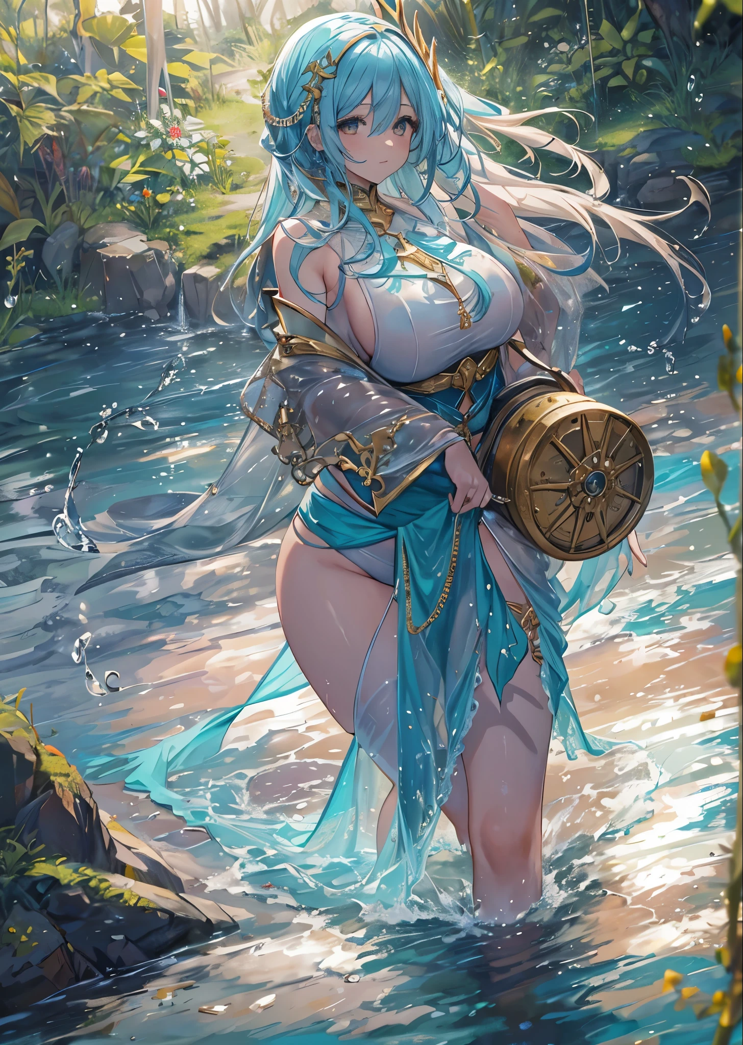 fantasy, 1lake_elemental_girl,(right_skin:0.9), (using_water_clothes:1.1), water,(wet:1.2),see-through_clothes_covered_breasts, see-through_clothes_covered_pussy,covered_nipples,(soft_large_tits:1.1), walking, smile,half_eyes, sleepy, medium_up_style_hair, navel oil, (water_around_torso:1.1), pondside_background, gold_headgear, aquablue_cloak, spread_arms, large_staff, slender_thighhighs,solo,(pelvic_curtain:1.2), tabard,(plump:0.7),cowboyshot,(open_legs:1.4),pussy,splash