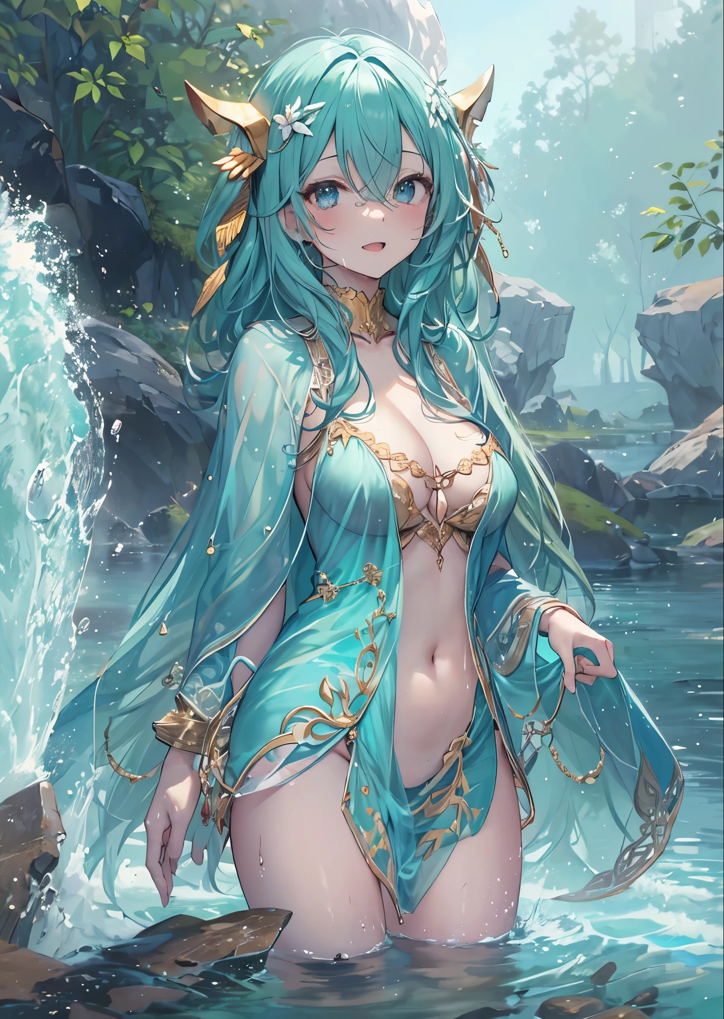 fantasy, 1lake_elemental_girl,(right_skin:0.9), (using_water_clothes:1.1), water,(wet:1.2),see-through_clothes_covered_breasts, see-through_clothes_covered_pussy,covered_nipples,(soft_large_tits:1.1), walking, smile,half_eyes, sleepy, medium_up_style_hair, navel oil, (water_around_torso:1.1), pondside_background, gold_headgear, aquablue_cloak, spread_arms, large_staff, slender_thighhighs,solo,(pelvic_curtain:1.2), tabard,(plump:0.7),cowboyshot,(open_legs:1.4),pussy,splash