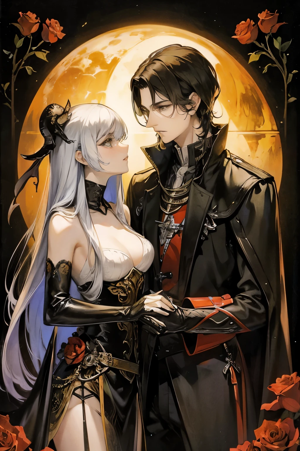 Gothic castle stained windows，A man and a woman half naked in leather clothes，Sword points to many blooming roses，The dragon roars on the moon