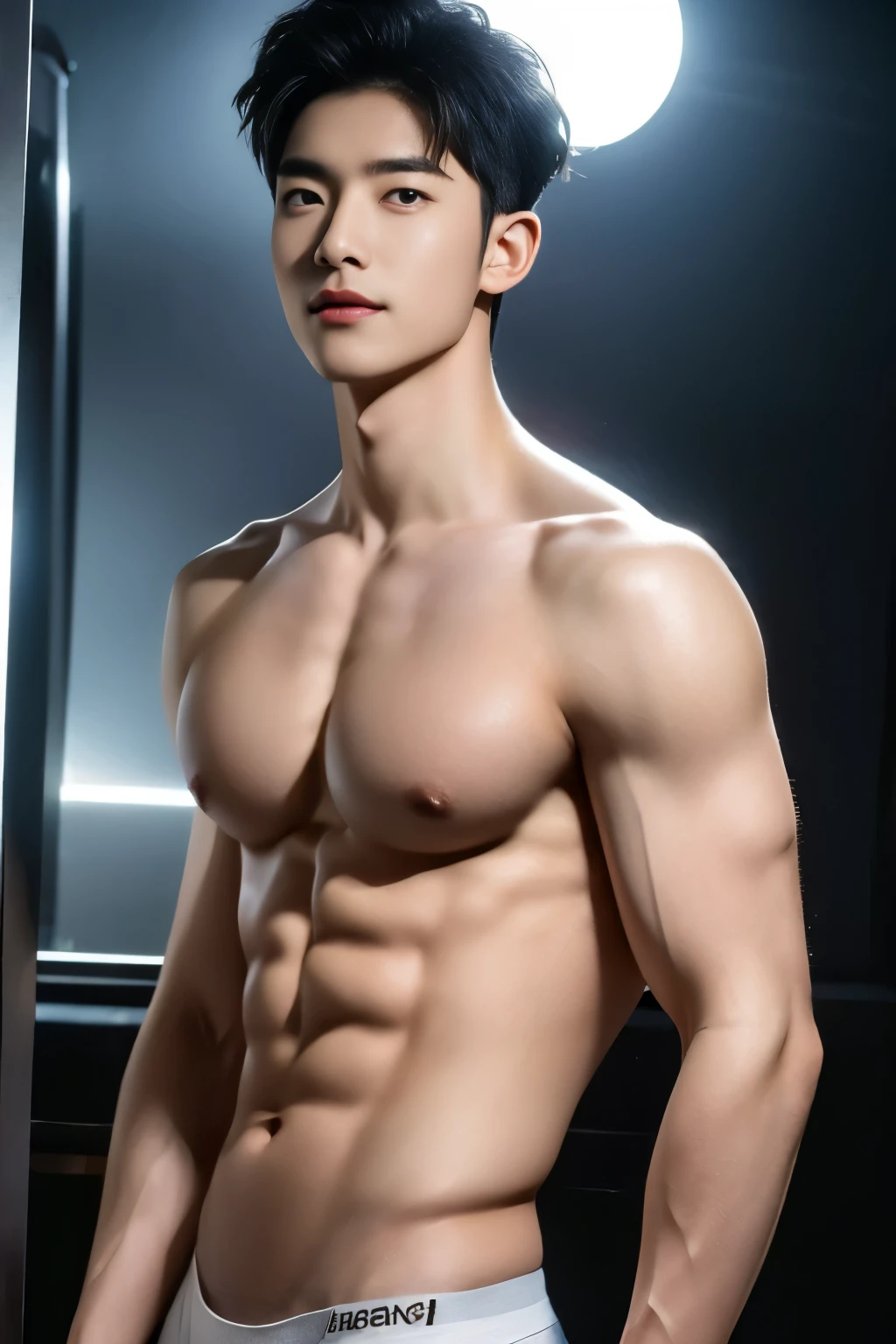 ((best quality)), ((masterpiece)), (detailed), 1 boy, 20 years old,Korean male model, Short black messy hair, heavenly handsome 男性 face, detailed eyes,happy expression, sexy , topless, 6 pack abs, body slightly thin,nothing to wear, Completely naked, actual,, ultra high definition images, 8k, photo-actual, epic lights, sharp focus, actual, Romantic,