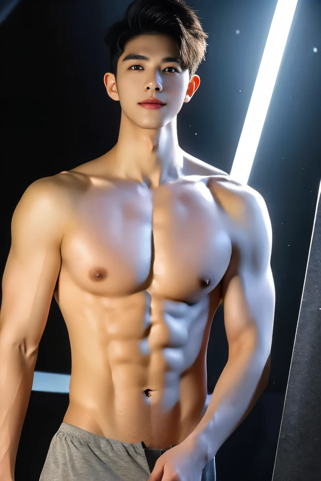 ((best quality)), ((masterpiece)), (detailed), 1 boy, 20 years old，Korean male model, Short black messy hair, heavenly handsome 男性 face, detailed eyes,happy expression, ???? , ???????, 6 pack abs, body slightly thin,nothing to wear, Completely ?????, actual,, ultra high definition images, 8k, photo-actual, epic lights, sharp focus, actual, Romantic,