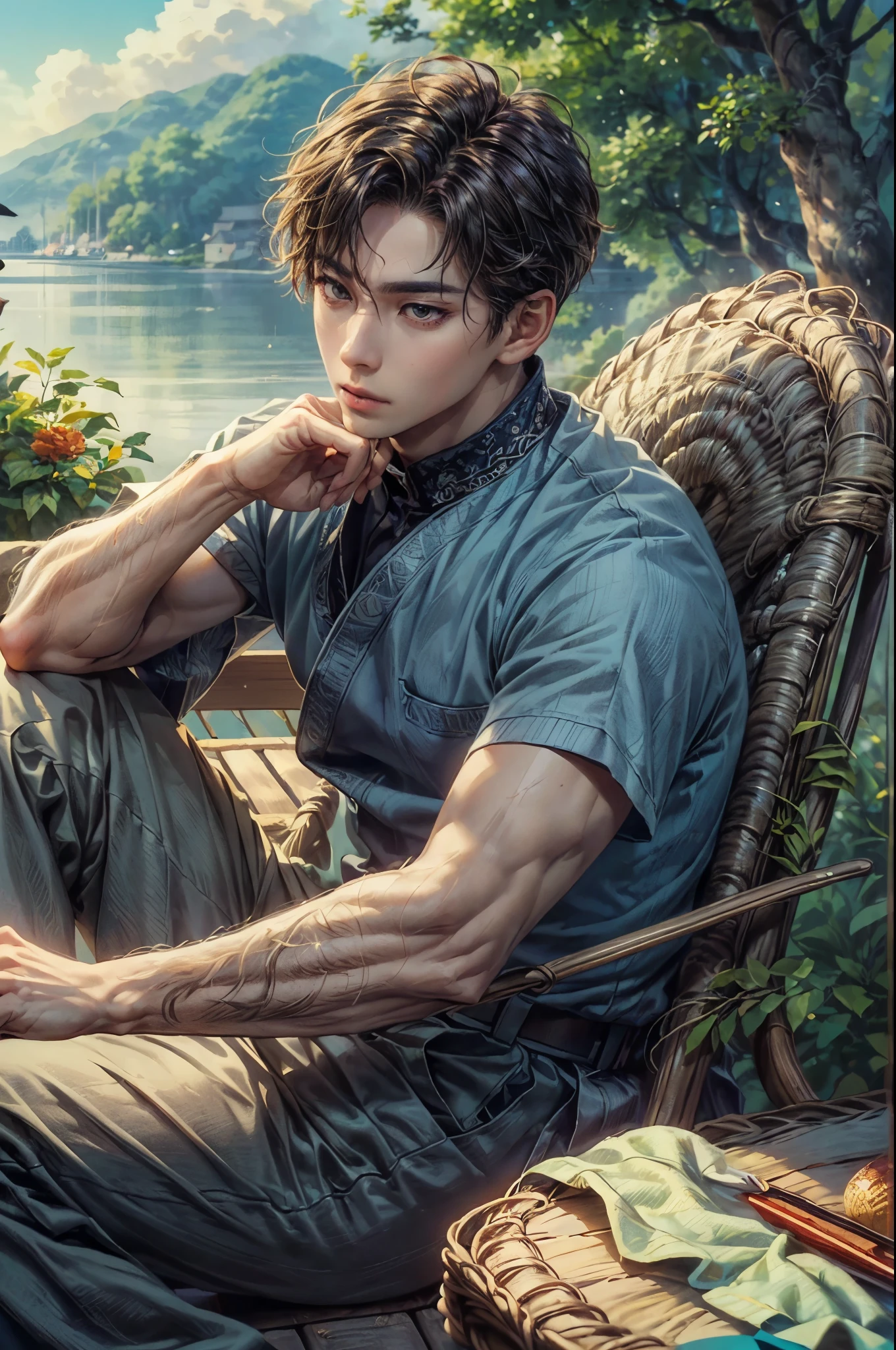 ((Best quality)), ((masterpiece)), (detailed), ((perfect face)), ((face focus)) , (( close-up )) a prince, a handsome young korean boy and short hair, resides in a cozy resort beside the beach, boy is in front of the house doing various activities like gardening, landscaping, painting and fixing the house and beautifying the house