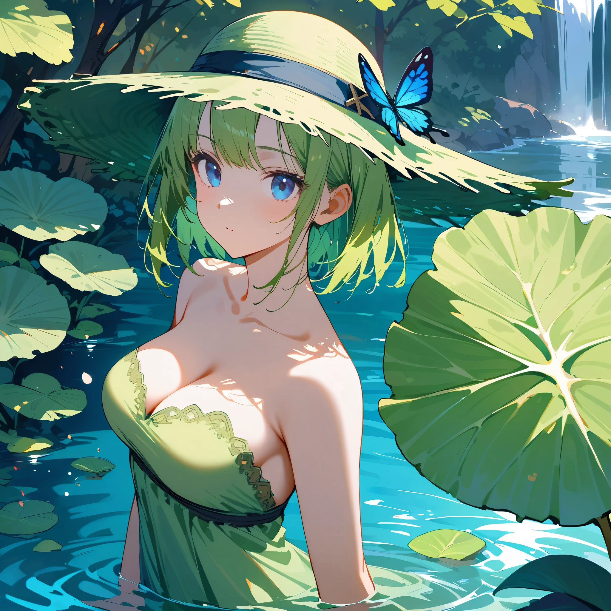 (masterpiece), (best quality), extremely detailed, illustration, (fantasy), ink, close up, (green and white melt),
(1 girl:1.4), (solo), (upper body), (standing on water), (beautiful face), (beautiful detailed blue eyes:1.2), (green hair), (green summer hat:1.2), (cabbage leaves:1.3), (green strapless dress:1.3), (white lace), medium breast, looking at viewer,
valley background, stone, flying butterfly, waterfall, streaming water, tree,