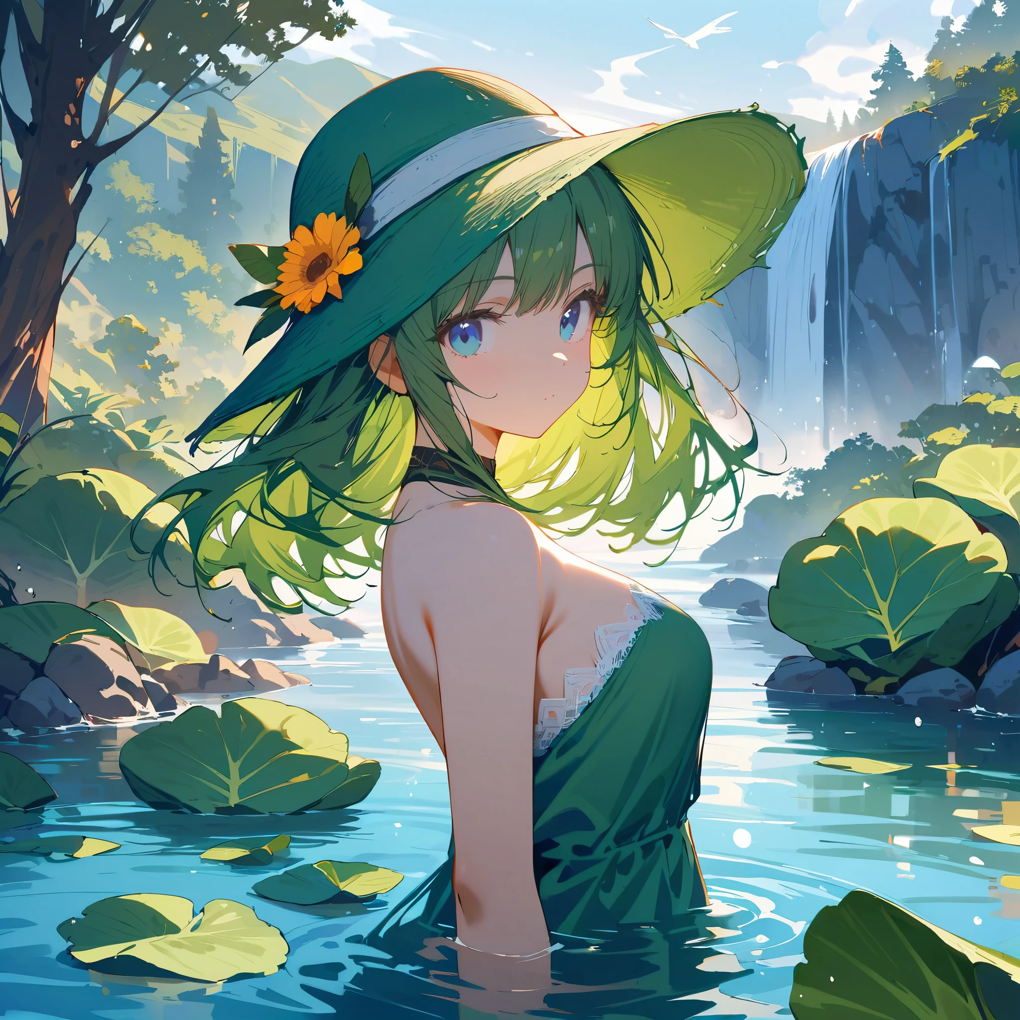 (masterpiece), (best quality), extremely detailed, illustration, (fantasy), ink, close up, (green and white melt),
(1 girl:1.4), (solo), (upper body), (standing on water), (beautiful face), (beautiful detailed blue eyes:1.2), (green hair), (green summer hat:1.2), (cabbage leaves:1.3), (green strapless dress:1.3), (white lace), medium breast, looking at viewer,
valley background, stone, flying butterfly, waterfall, streaming water, tree,
