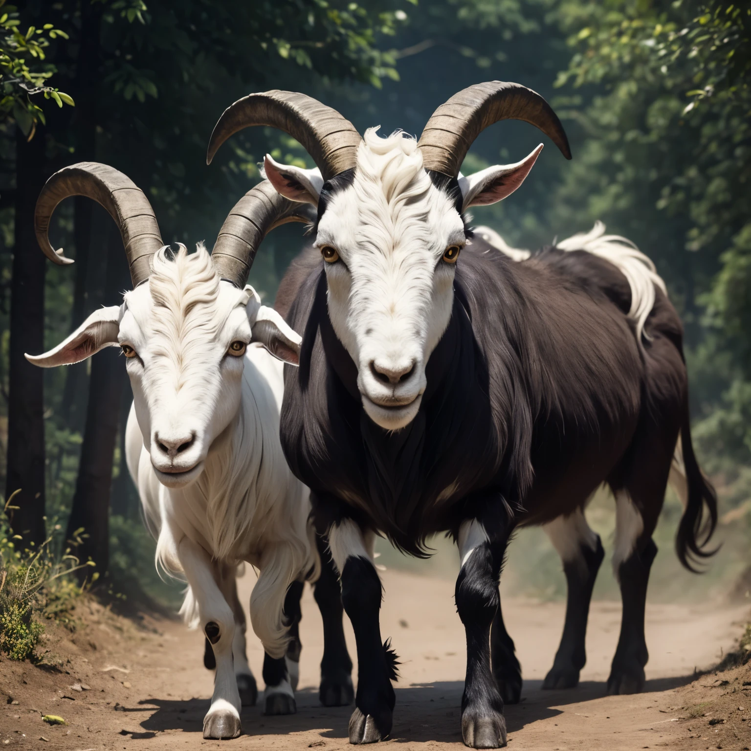A creature with two heads was coming towards me. The shoulders were twice as wide as a human's. There were the goat's hair and two goat heads, each with a pair of the grey horns that started off like a goat's and then curved backwards like a ram's, very beautiful.