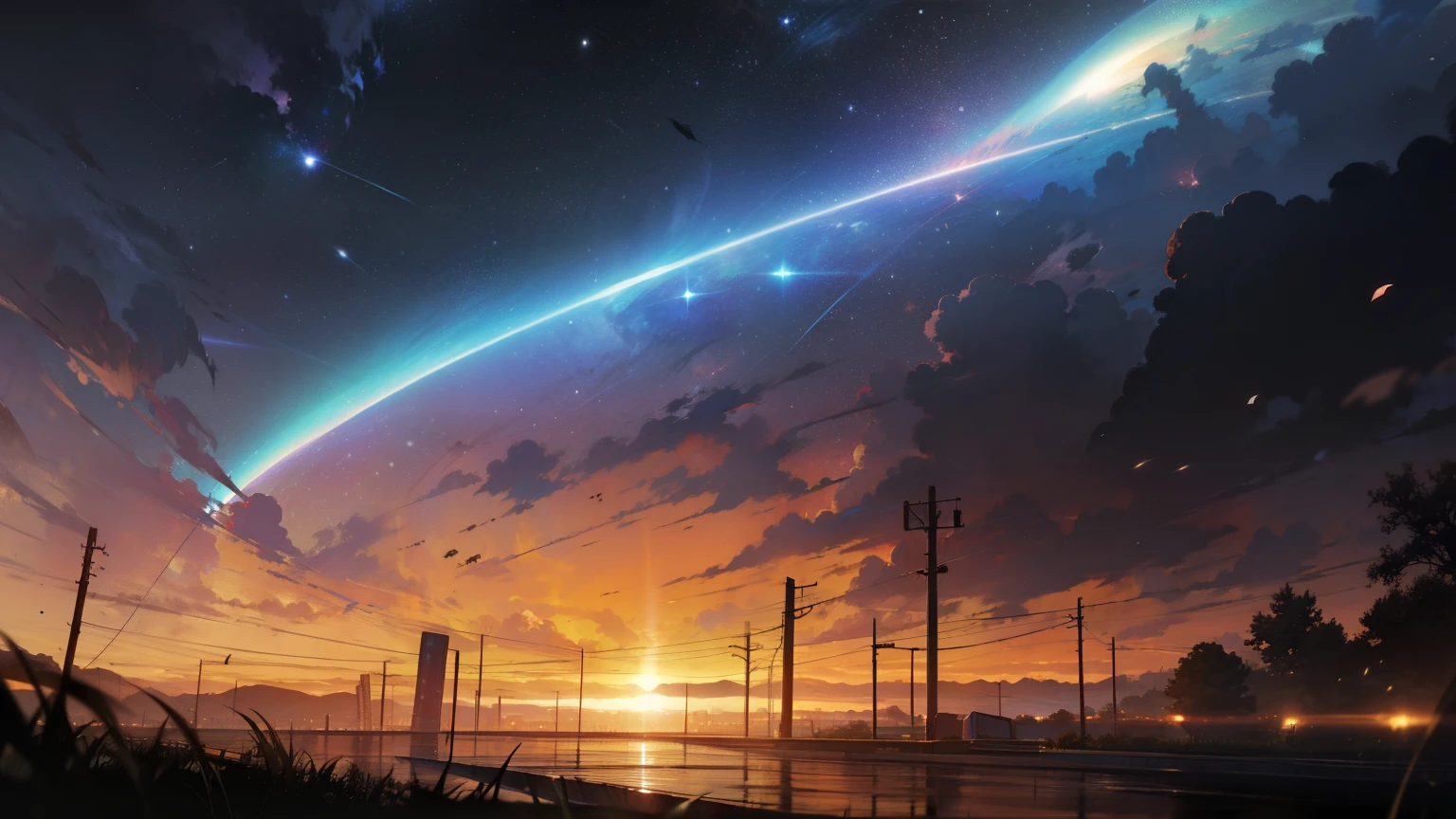 there is a train crossing signal with a sky background, beautiful anime scene, colorful anime movie background, beautiful anime scenery, anime background, anime movie background, anime background art, anime beautiful peace scene, cosmic skies. by makoto shinkai, anime scenery, anime sky, beautiful anime artwork, ilya kuvshinov landscape, anime landscape wallpaper