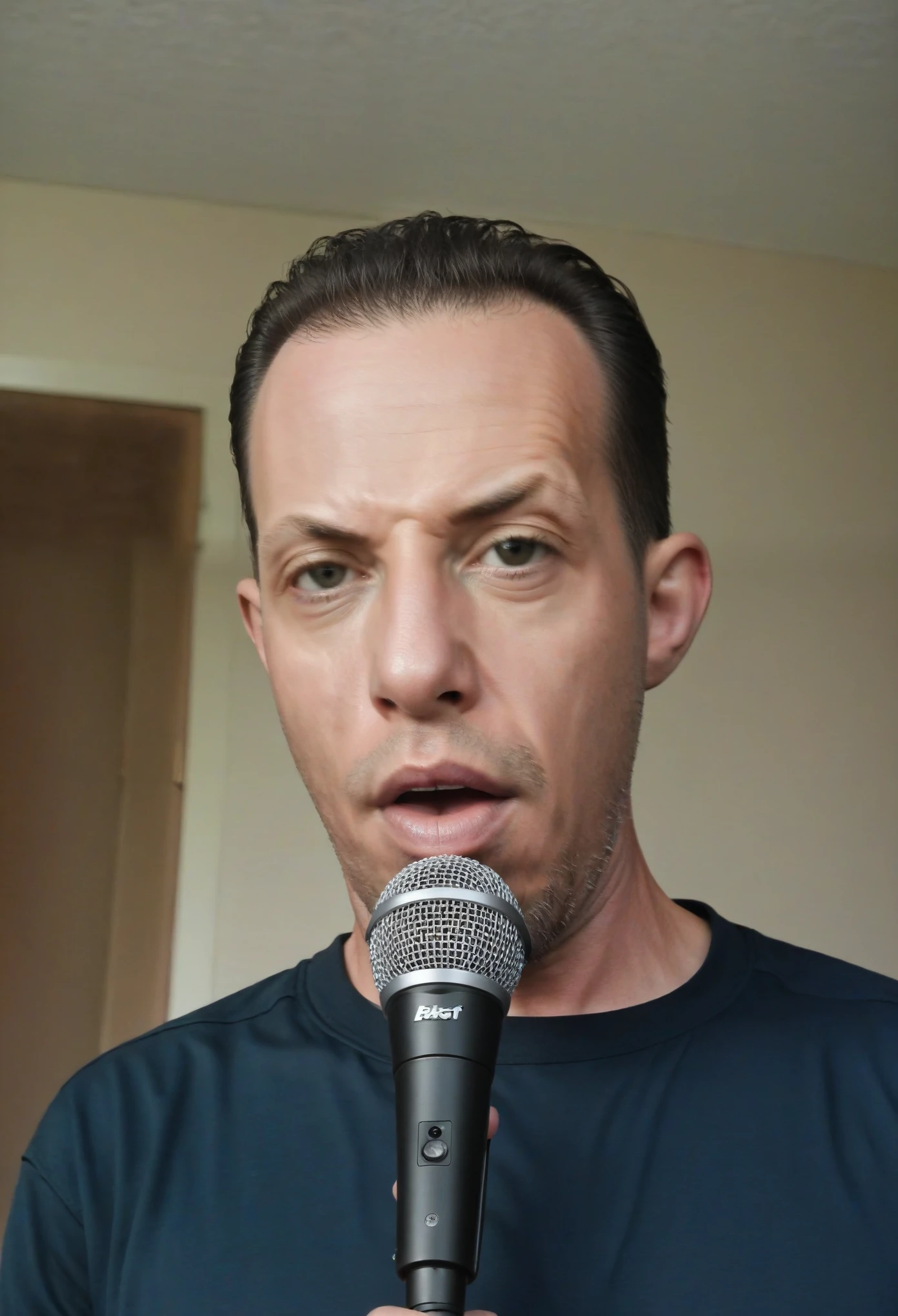 shawt holds a microphone