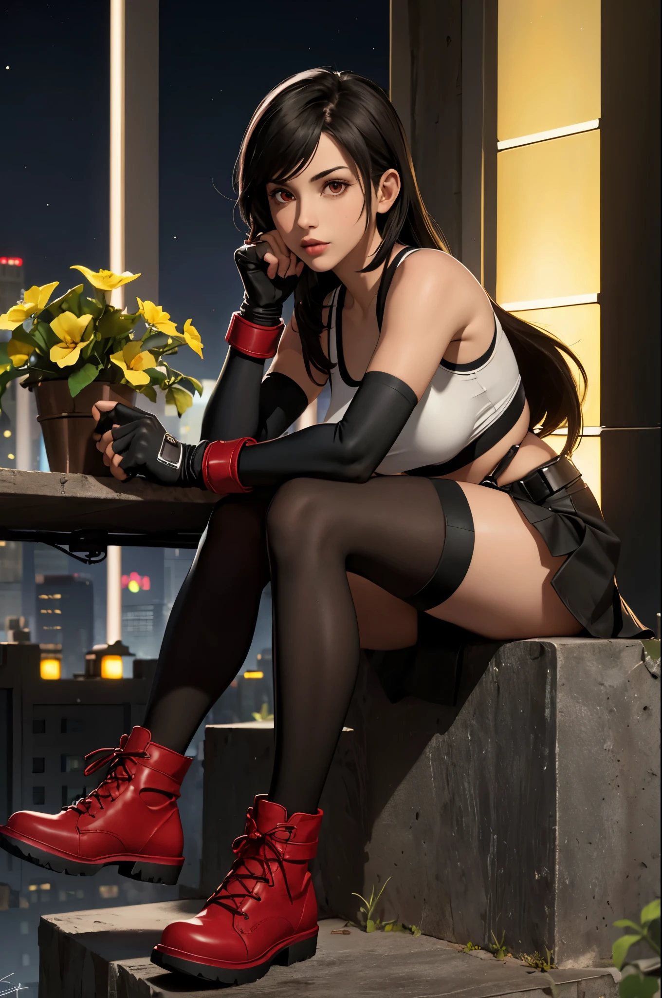 tifa lockhart, final fantasy vii remake, 1girl, ankle boots, black hair, black skirt, black thighhighs, boots, breasts, cityscape, crop top, elbow gloves, elbow pads, fingerless gloves, full body, gloves, head rest, lips, long hair, looking at viewer, low-tied long hair, medium breasts, nose, red eyes, red footwear, signature, single elbow pad, sitting, skirt, solo, sports bra, suspender skirt, suspenders, tank top, thighhighs, white tank top, midgar, green light, night, yellow flowers, ((((masterpiece))))
