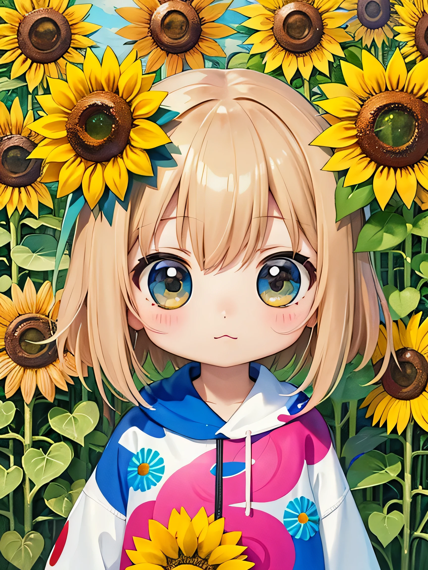 8K quality, Takashi murakami'illustration of, intense watercolor, watercolor detailed art, watercolor splash, surreal, avant-garde pop art, Beautiful and expressive paintings, 美しいアートワークillustration of, very colorful tones, wonderful, cool beauty, highest quality,official art, vector art,stylish design, (((Chibi)))、(((highest quality))), HDR, ((Detailed details)), (((graffiti art))), ((masterpiece))、((Super detailed))、(((sunflower field)))