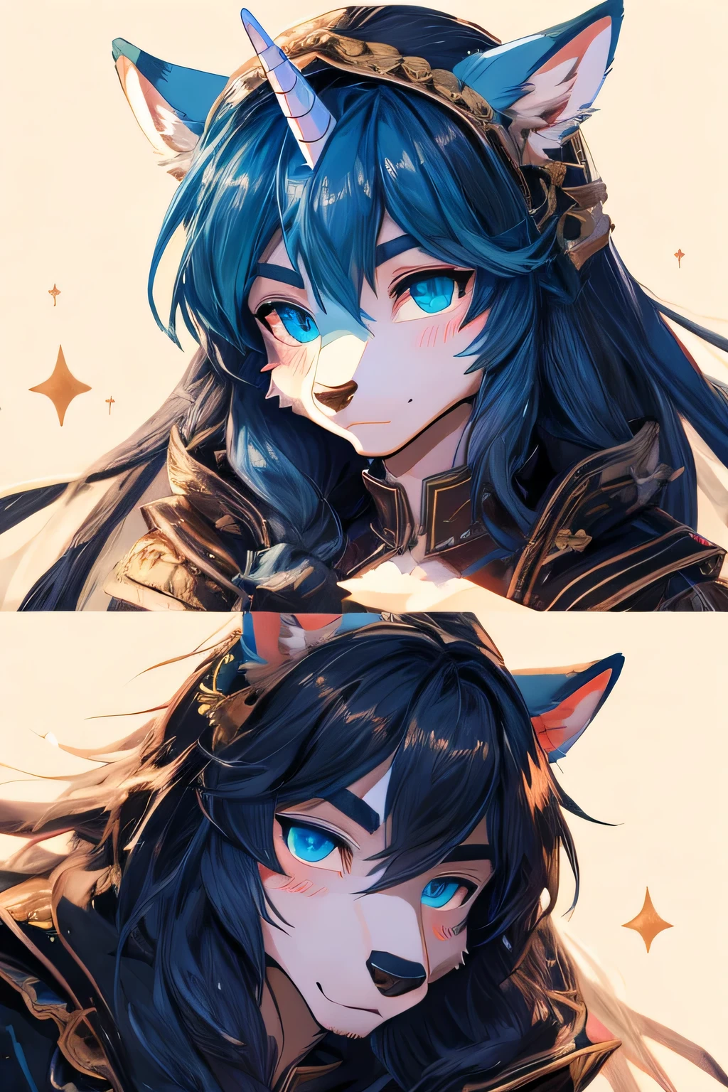 Hairball, Vins, Long eyelashes, solid round eyes, fake animal ears, faint smile, red ears, direction, striped hair, light blue hair, dark blue hair, big hair, hair covering one eye, Hair, shiny hair, comb hair back, Hair ring, Heart Og, wearing glasses, Dazed eyes, aqua eyes, gradient eyes, rhomboid pupil, students shine, horse ears, shadow, relief, Stereo view, vertical painting, View, Reference table, Figures, First-person perspective, lens flare, 8K, Super details, precise, best quality,unicorn,horse,Miss,black and gold clothes,sideways
