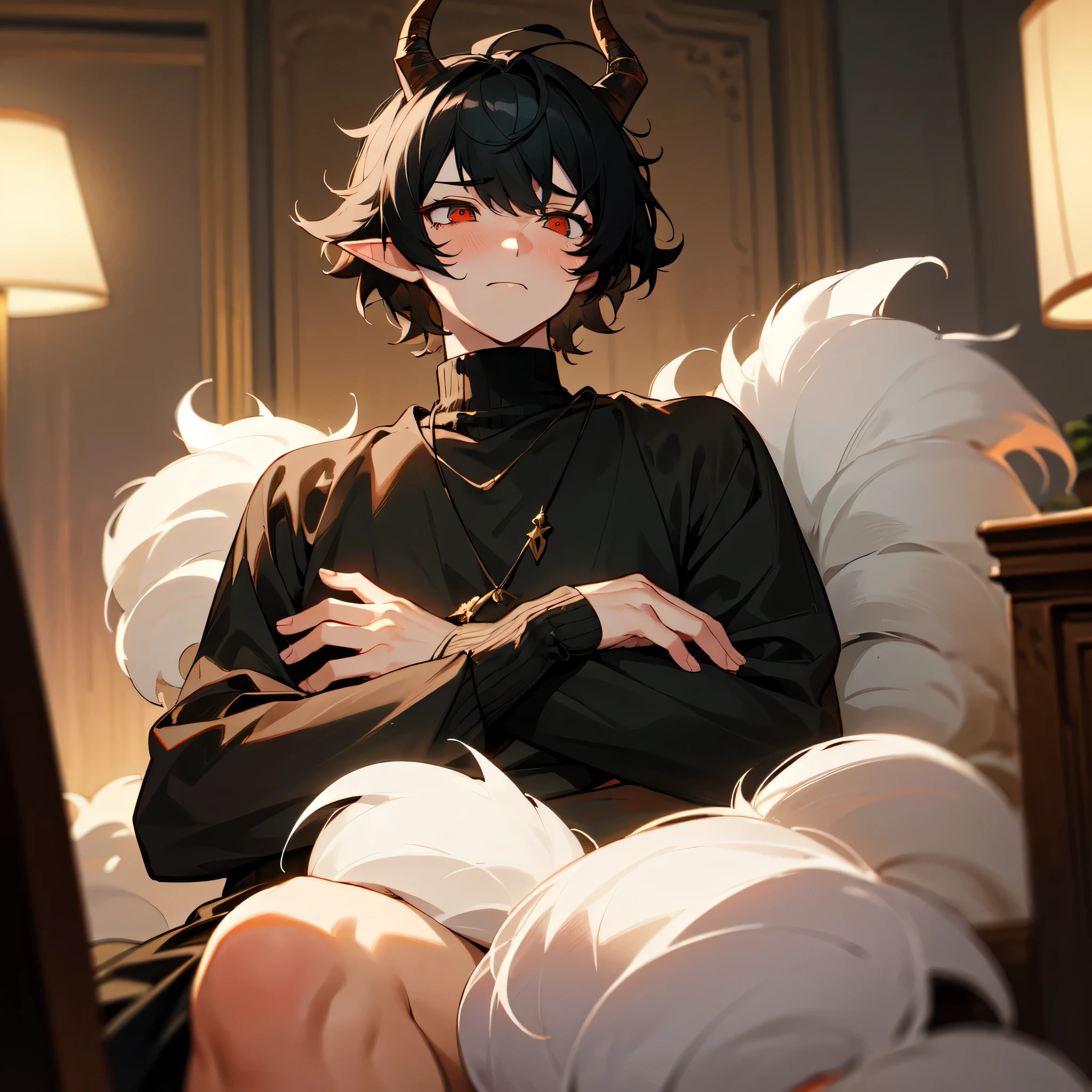 The whole body is covered with talisman paper,happy,Shota,Bulge in pants,White slime,Squat,blush,emaciated,little devil,Devil Horns,Orange-red eyes,Brownish-black skin