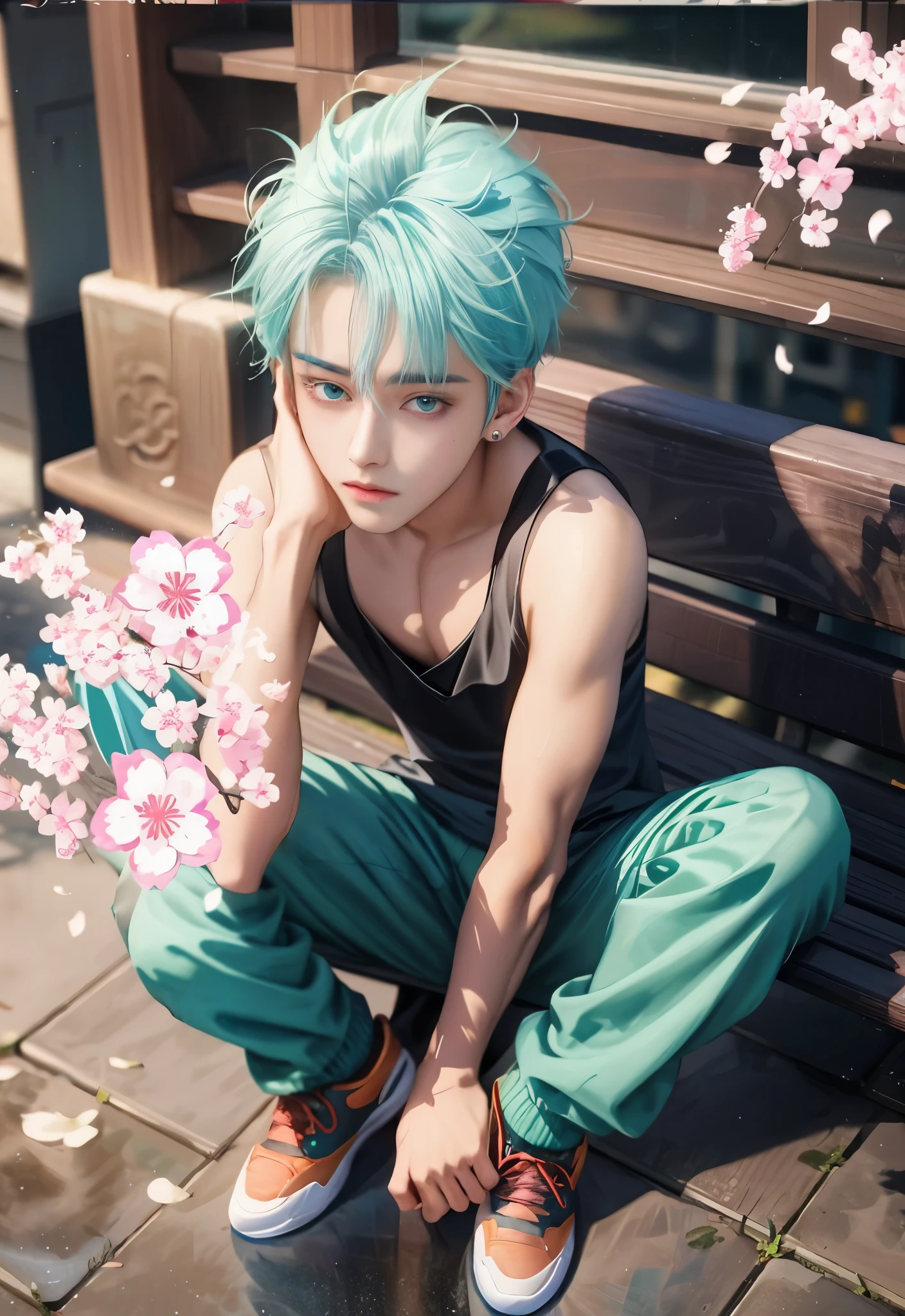 there is a young man with blue hair sitting on a bench, inspired by Yanjun Cheng, cai xukun, male ulzzang, spring day, artwork in the style of guweiz, with teal clothes, anime boy, ross tran style, guweiz, anime style mixed with fujifilm, yanjun chengt, handsome anime pose, male anime style