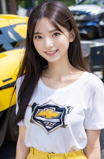 best quality, detailed, beautiful, insanely detailed, absurdres,perfect ,(Chevrolet Corvette 66 year model),Japanese woman,black hair,27 years old, (slender), (small breasts),blissful, laughing, smiling, standing, bun hair, white t-shirt, yellow shorts