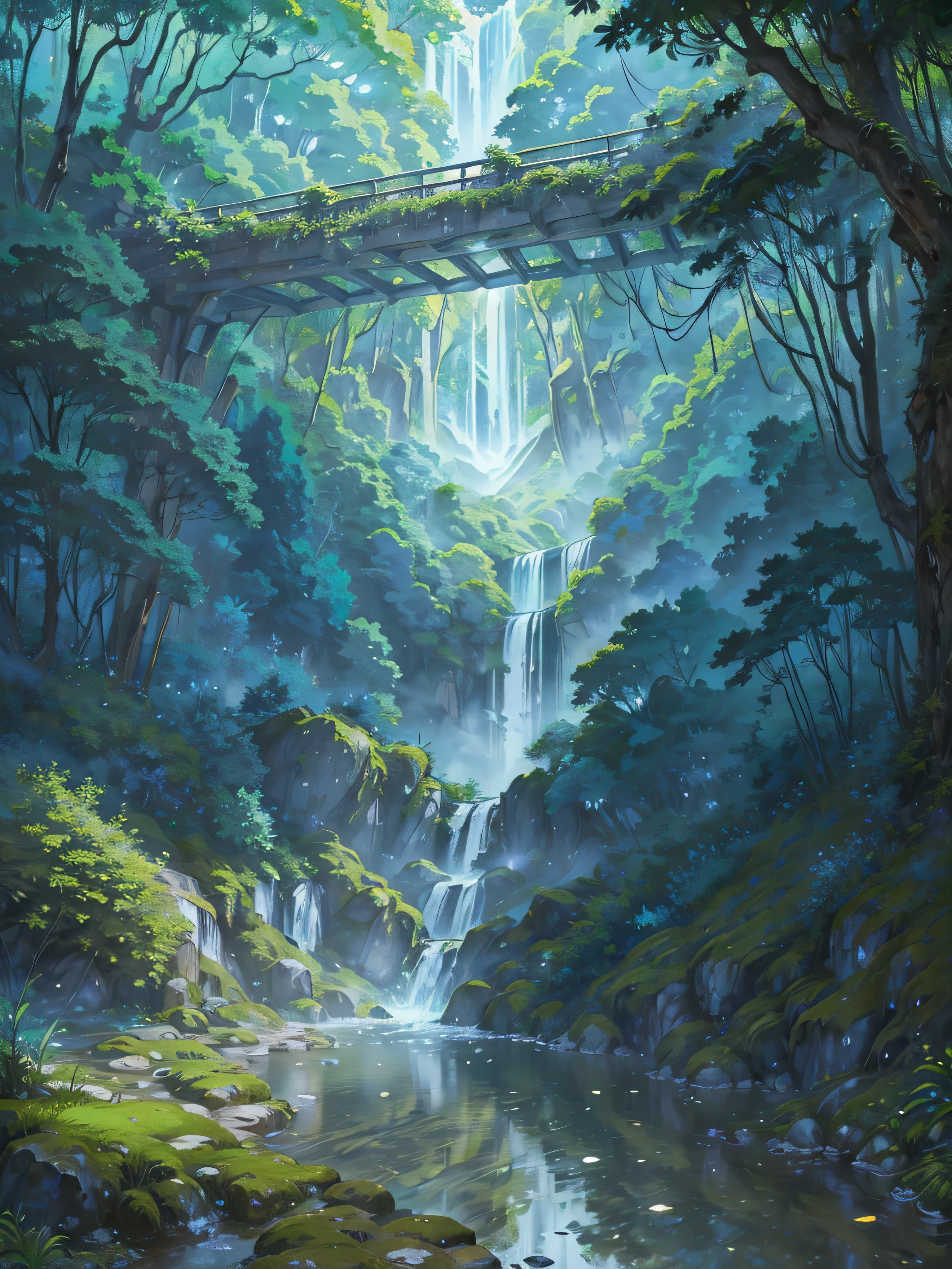 Craft a captivating depiction reminiscent of a Studio Ghibli masterpiece, set amidst a cascading waterfall in a serene forest glade. Envision sunlight filtering through the lush canopy, casting ethereal rays that dance upon the crystal-clear water trail below. Towering trees frame the scene, their majestic presence instilling a sense of tranquility. Moss-covered rocks create stepping stones across the stream, leading to a vibrant array of wildflowers that bloom at the water's edge. Immerse viewers in a magical realm where the wonders of nature and the imagination intertwine, echoing the enchanting spirit of Ghibli's iconic storytelling
