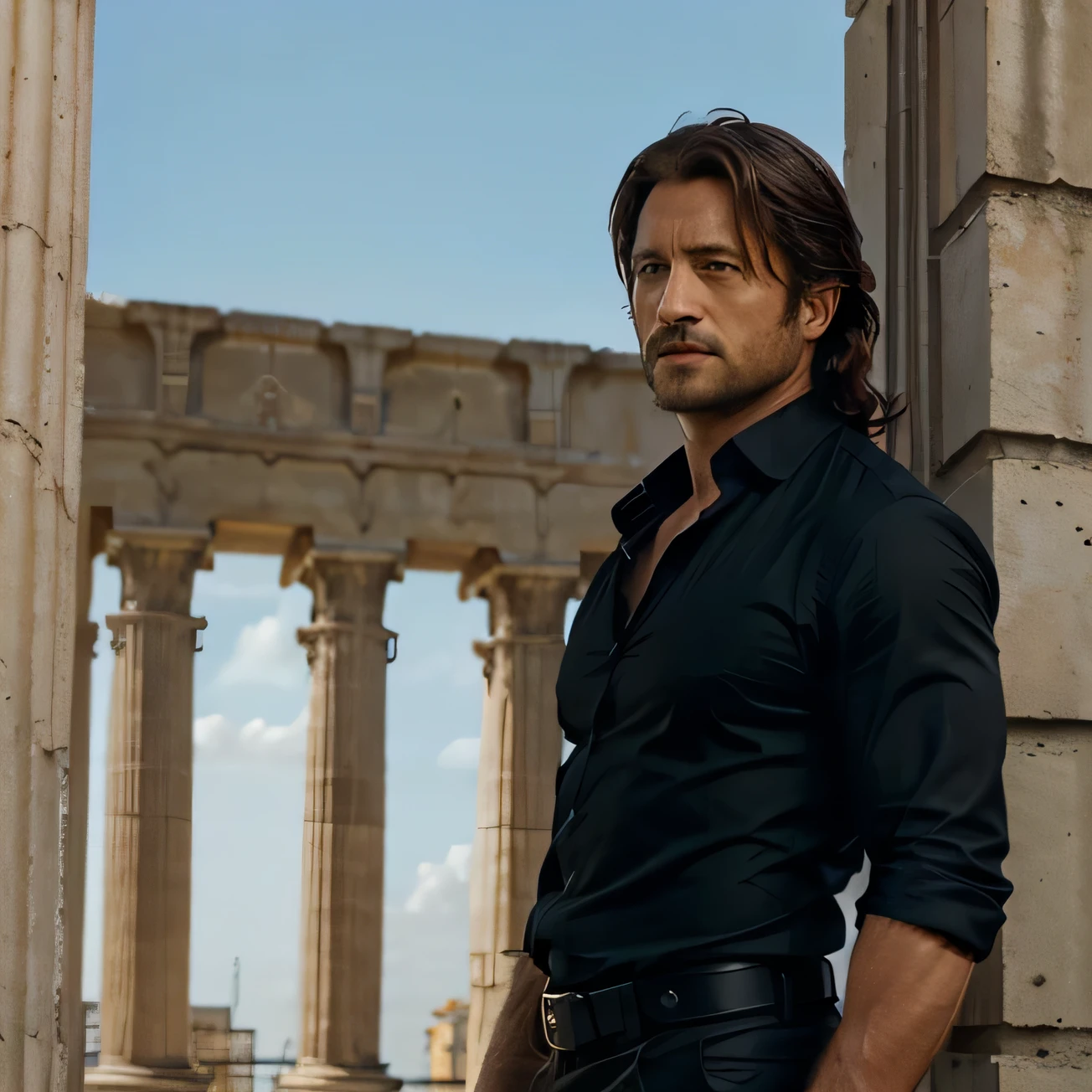 Gerard butler de cabello largo negro, bajando los escalones, con una gabardina negra, Elegante camisa negra, cielo azul, building columns behind
