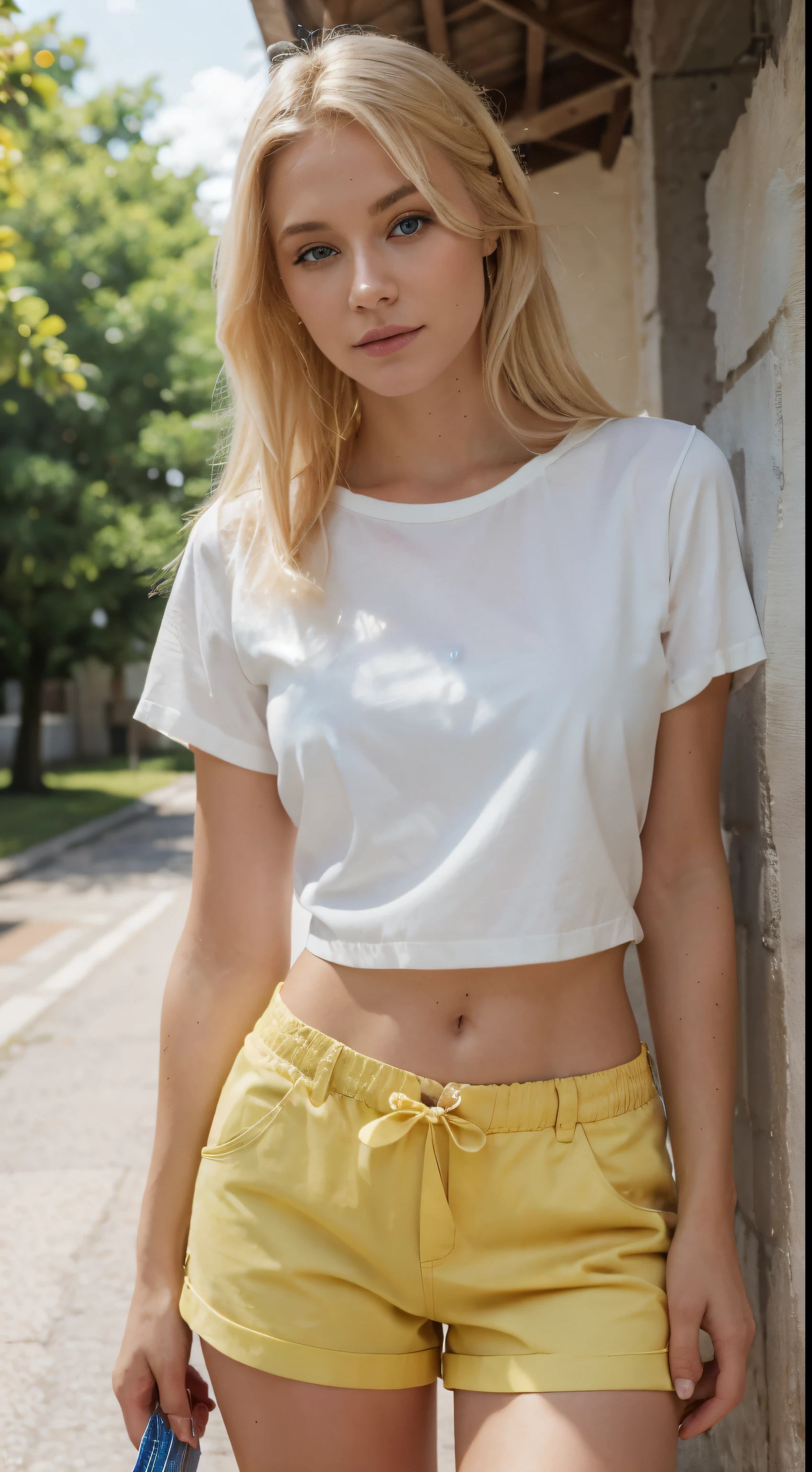 Blonde, 25 years old, Very good, Dress to go to the office, blue green eyes, Ilirte avec la camera, blonde hair, white hair, Ilirty, put on makeup, yellow shirt, shorts, outside, sunny day, 135mm, Canon, I/16, UHD, Anatomically correct, Masterpiece, textured skin, Superb details, Highly detailed, High quality, height, 8k