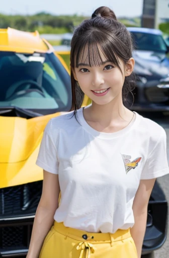 best quality, detailed, beautiful, insanely detailed, absurdres,perfect anatomy,(Chevrolet Corvette 66 year model),Japanese woman,black hair,27 years old, (slender), (small breasts),blissful, laughing, smiling, standing, bun hair, white t-shirt, yellow shorts,impressive panoramas