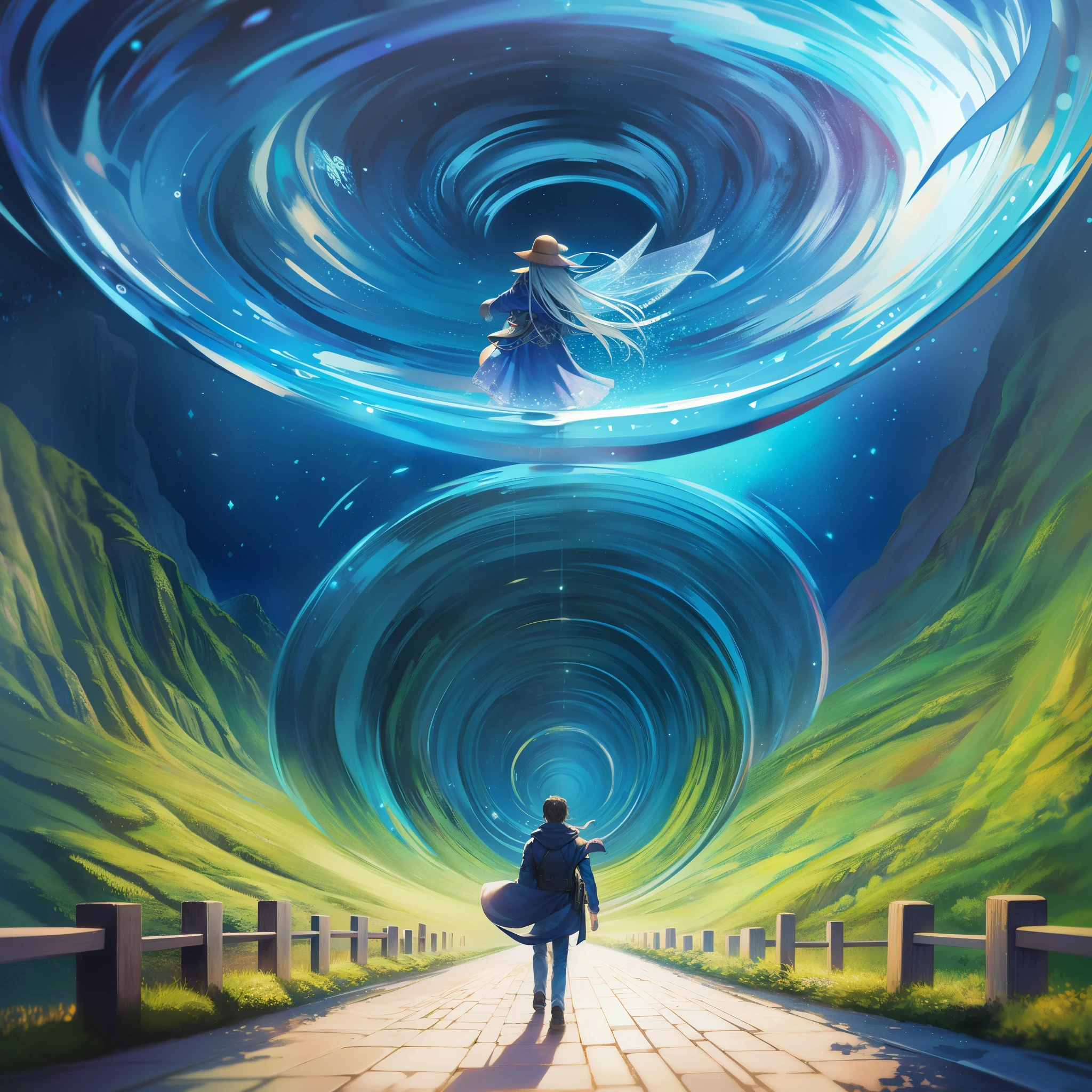 A picture of a man walking through a space-time tunnel、Other places and dimensions swirl around the mountain in the background.、A glimpse、psytrance artwork、progressive rock album cover、beautiful avatar pictures、background cryptocurrency、Enter the maze of the mind、Beautiful rendering of a fairy tale、create