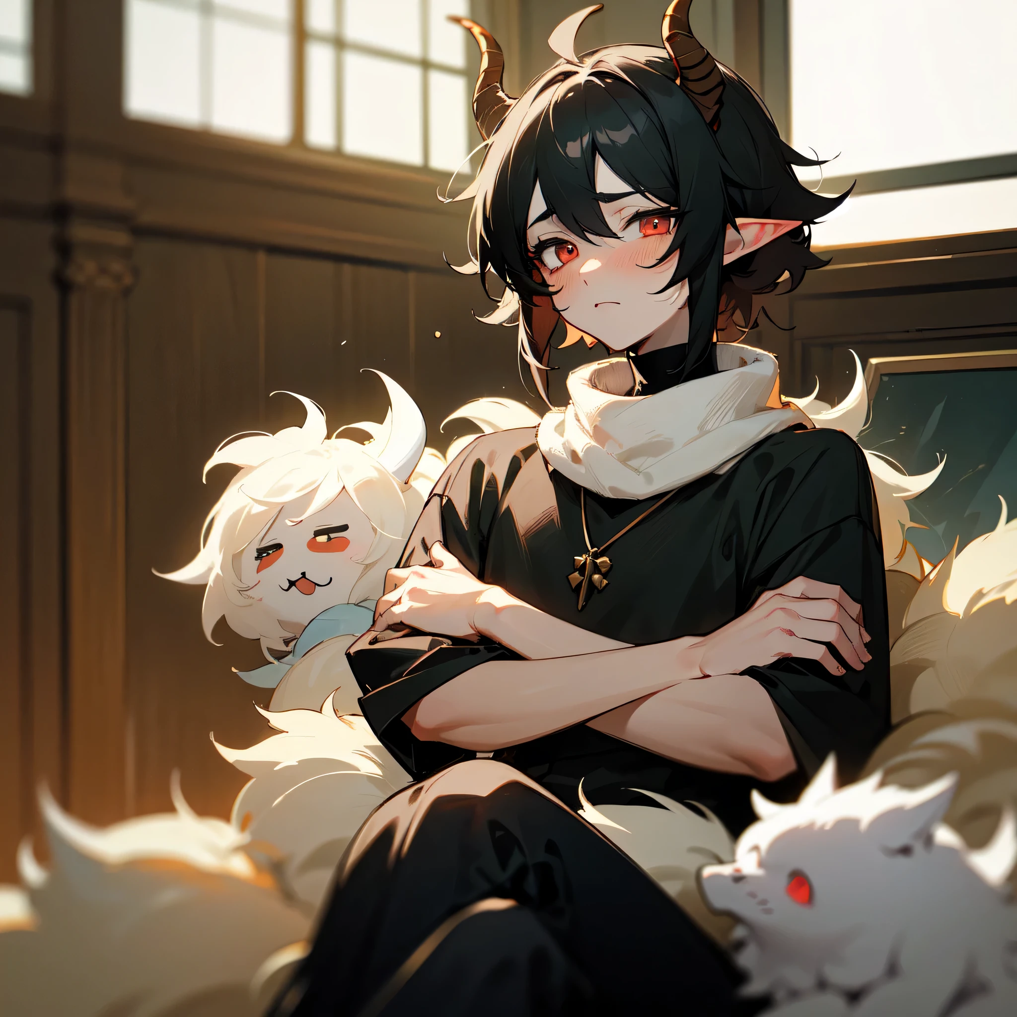 1boy, (masterpiece, absurdres, good anatomy), best quality, ultra-detailed, illustration, warm lighting, fantasy, pale skin, detailed eyes, detailed face, ((black hair, messy hair, fluffy hair)) ((red eyes)), artstation, pixiv, gelbooru, night time, ((tired, flustered expression)), ((demon horns)), elf ears, turtleneck pullover, ((dark eyebags)), short hair, mature, masculine, tall, sharp features, black clothes, baggy clothes, crossed arms pose, soft features, cozy atmosphere, indoors background, sitting down, looking down at viewer