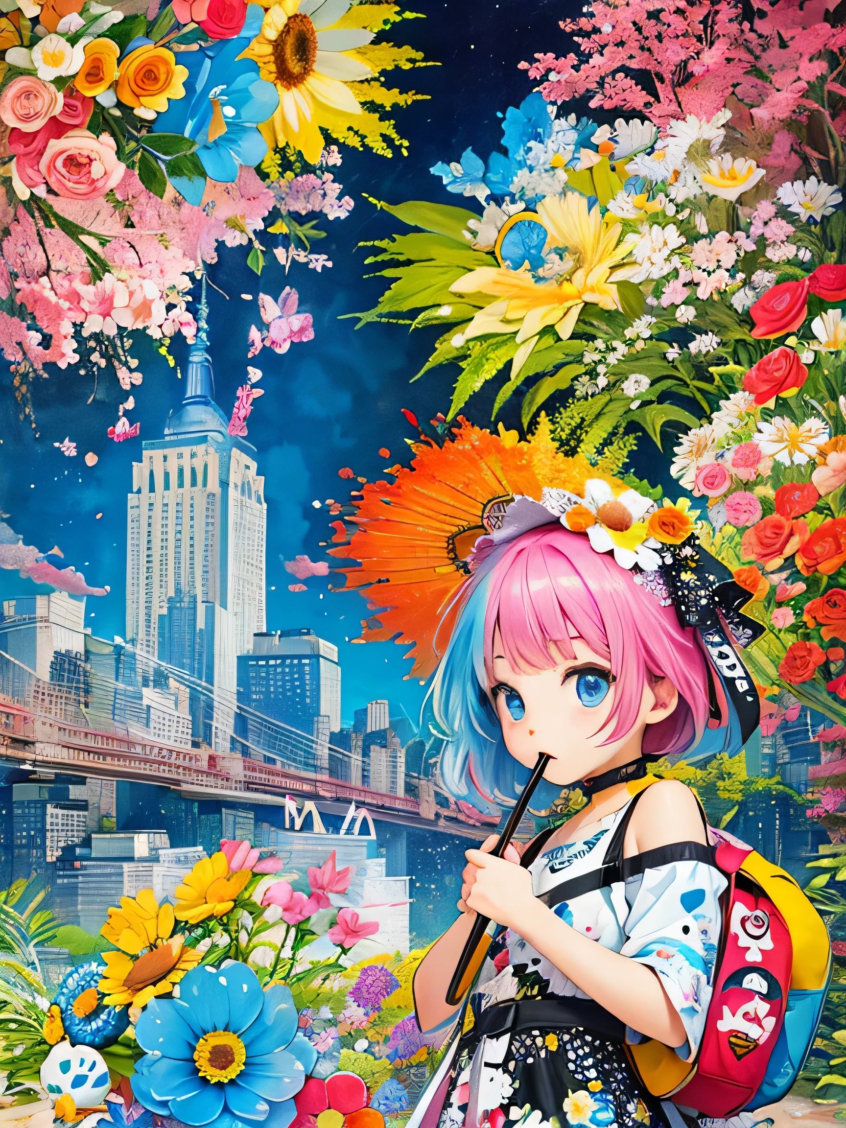 8K quality, Takashi murakami&#39;illustration of, intense watercolor, watercolor detailed art, watercolor splash, surreal, avant-garde pop art, Beautiful and expressive paintings, 美しいアートワークillustration of, very colorful tones, wonderful, cool beauty, highest quality,official art, vector art,stylish design, (((1 cute kitten))), (((highest quality))), HDR, ((Detailed details)), (((graffiti art))), ((masterpiece))、((Super detailed))、(((colorful flowers)))、(((new york cityscape)))