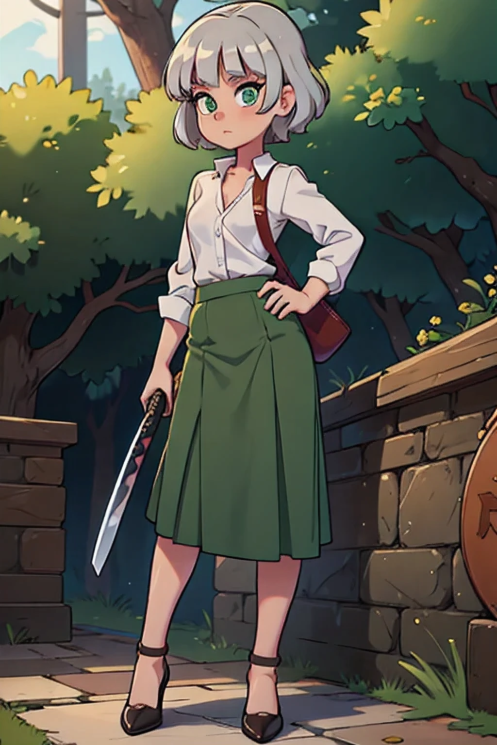 Chica y usa una katana oz y pecho grande y cabello corto plateado y camisa con botones de color verde oscuro y debajo de una falda larga verde y tiene un par de tacones marrones.