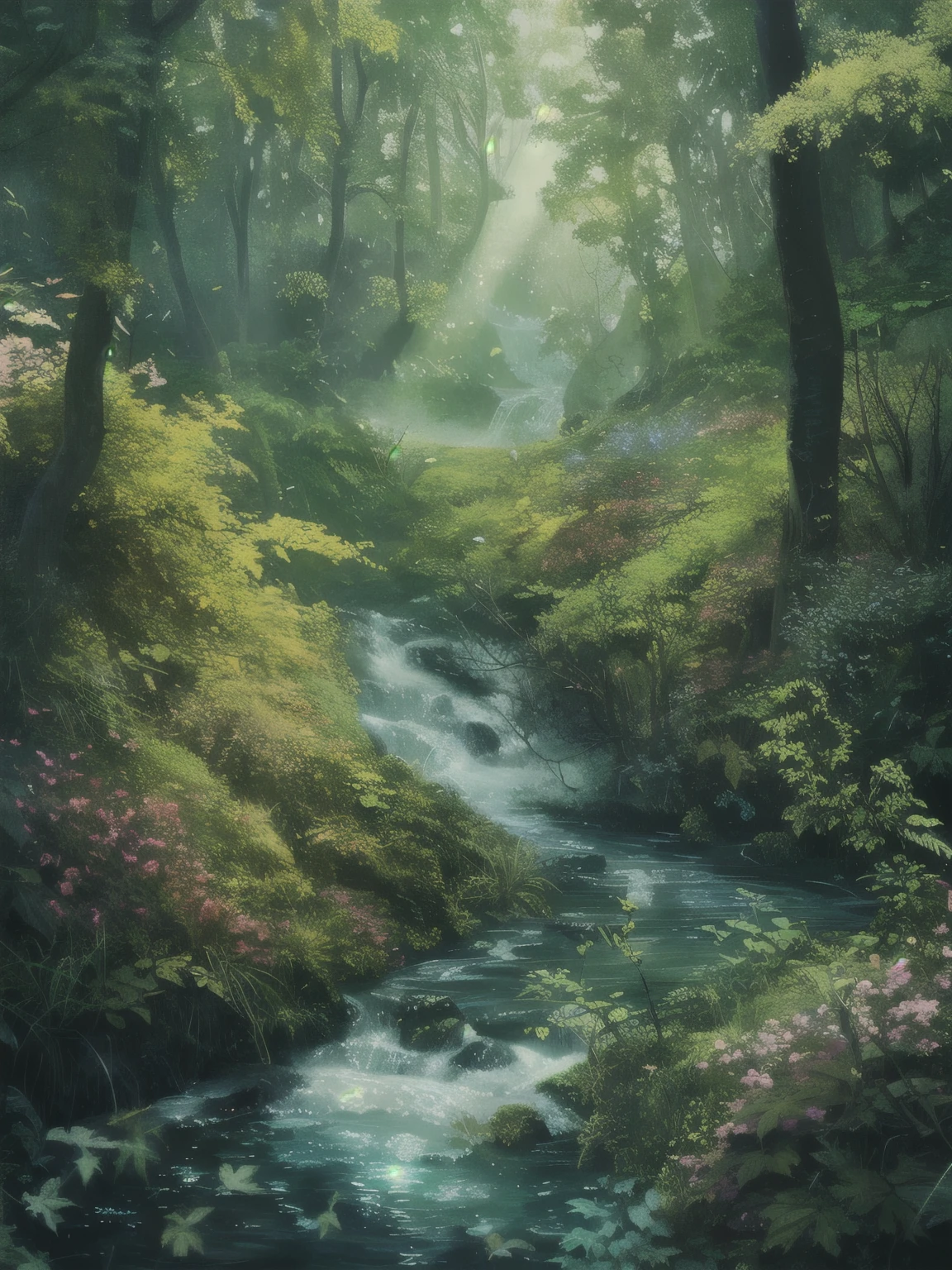 a painting of a stream running through a lush green forest, detailed painting 4 k, magical environment, 8k resolution digital painting, 8 k resolution digital painting, anime nature, fantasy forest, andreas rocha style, 8k stunning artwork, beautiful art uhd 4 k, highly detailed digital painting, inspired by Andreas Rocha, fantasy forest landscape