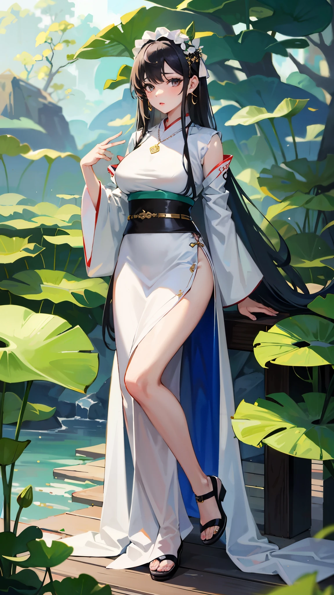 1girl, wearing Hanfu, lotus leaf, best quality, master, (full body: 1), highres, pretty face, hair accessories, (big breasts: 1) (solo: 1), looking at viewer, lips, dress, heal order , necklace, jewelry, (ridiculous long hair: 1.4), earrings, Hanfu, archit...