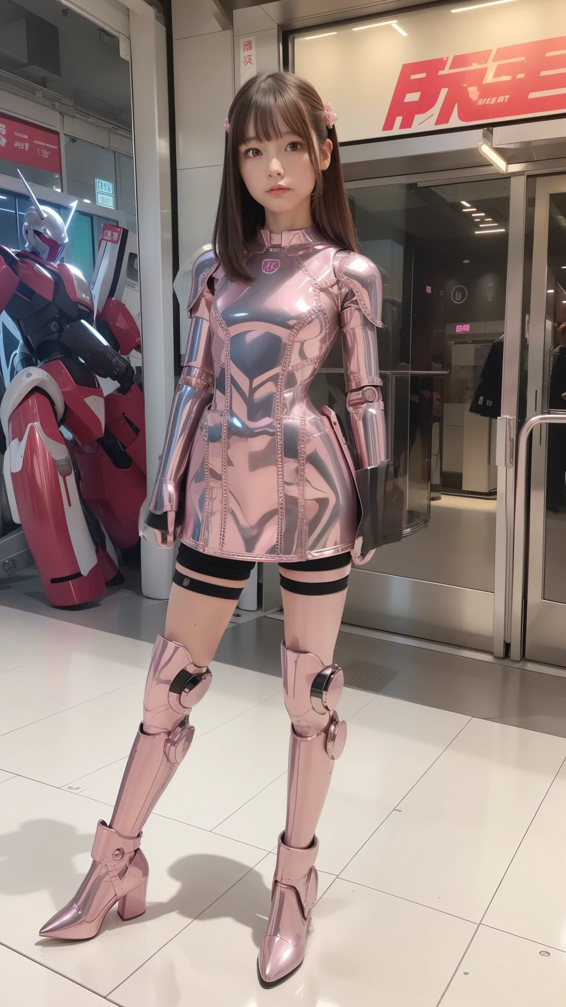 Robot Girl, pink there, Silver, Metallic body, Robot Parts, Metal Parts, Super Detailed Face, Super well-formed face, of the highest quality, a small face, a small head, Brown hair, Slender body, Camera gaze, Internal Mechanical Exposure, Idol, front facing, Well-proportioned body, sale, Exhibited, Event Hall, Moe Pose, pink metallic ta dress machine armor, Standing with legs open, Model body type, sad, Embarrassing,(Perfect Robot Girl),(Perfect machine body)