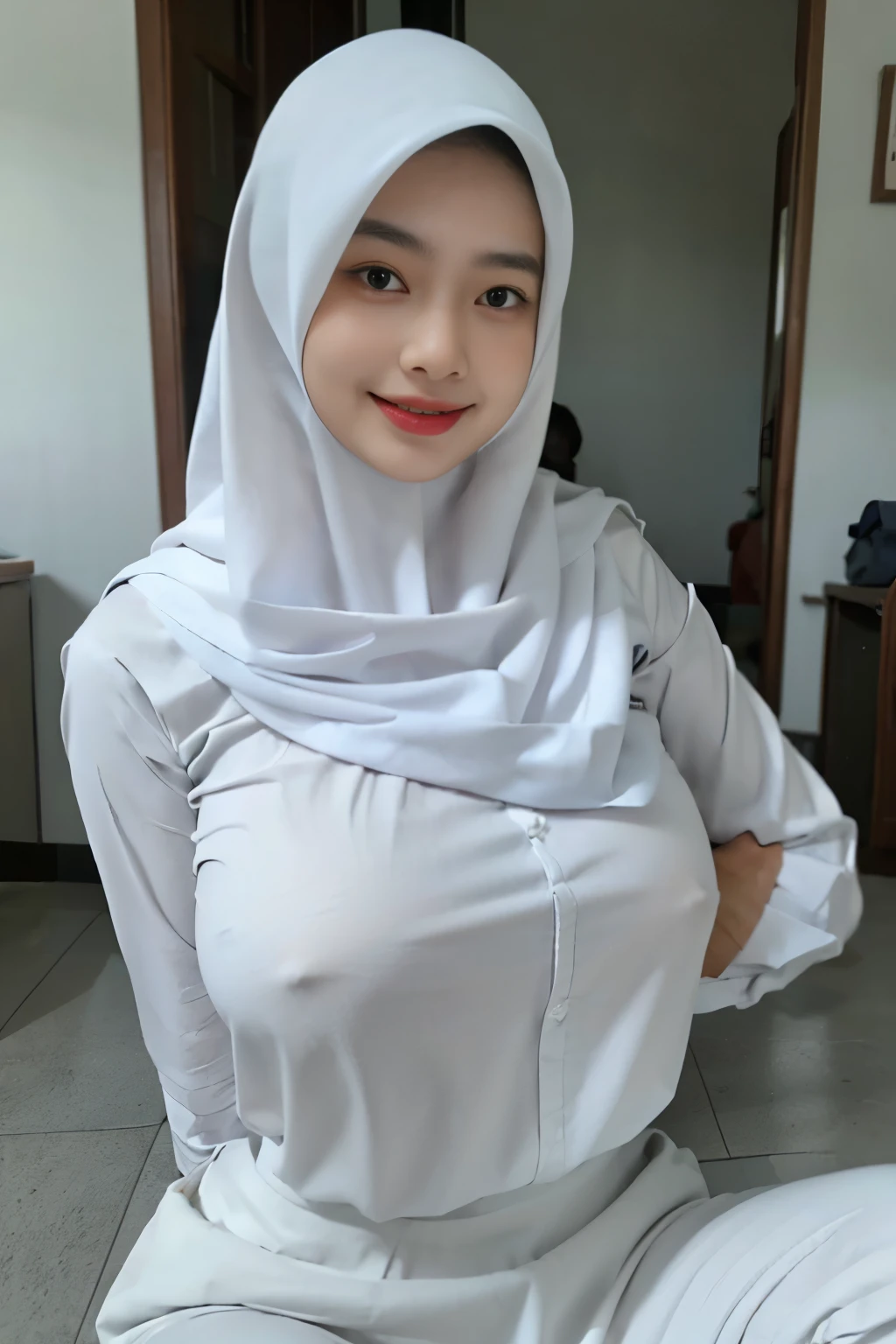 1girl, 18 years old, proportional body, Indonesian girl hijab, adorable face, cute face, beautiful face, flawless face, detailed face, detailed eyes, smiling, laugh, ((huge breasts)). ((big breasts)). ((large breasts)). ((gigantic breasts)). ((Heavy breasts)). ((Saggy breasts)). ((Biggest breasts)). ((Nipple)). SMA, Indonesian classroom, sitting, perfect pose, grey mini skirt, visible panties, sneakers